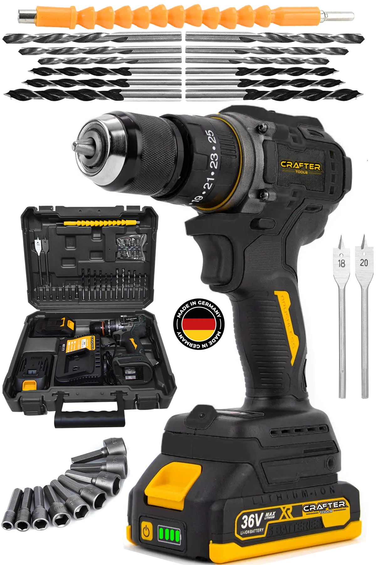 36v 5ah Çift Batarya 10mm Çelik Mandren Darbeli Şarjlı Matkap Akülü Vidalama Seti