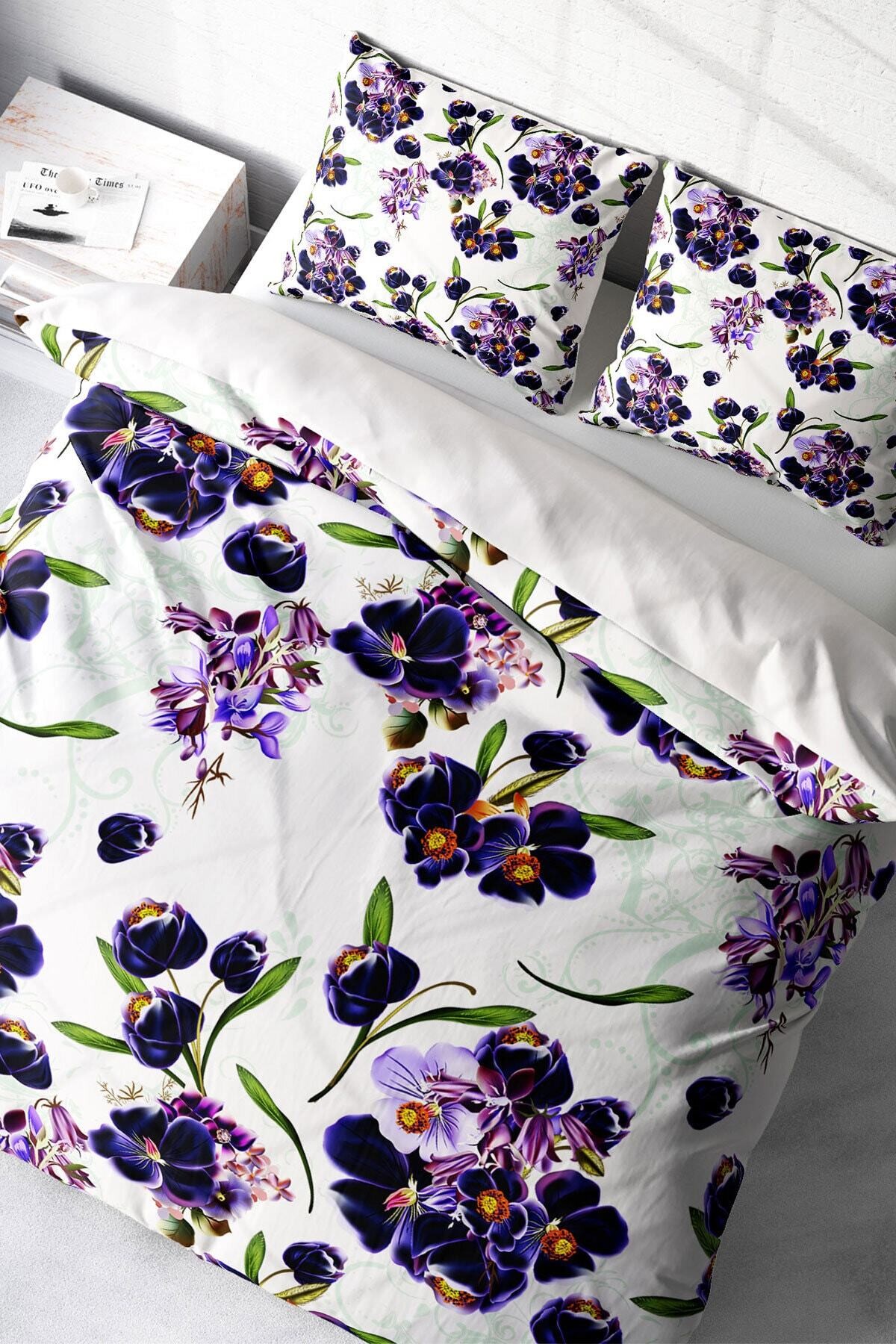 Kıng Sıze Purple Flowers Naturel Çift Kişilik Nevresim Takımı 220x240cm
