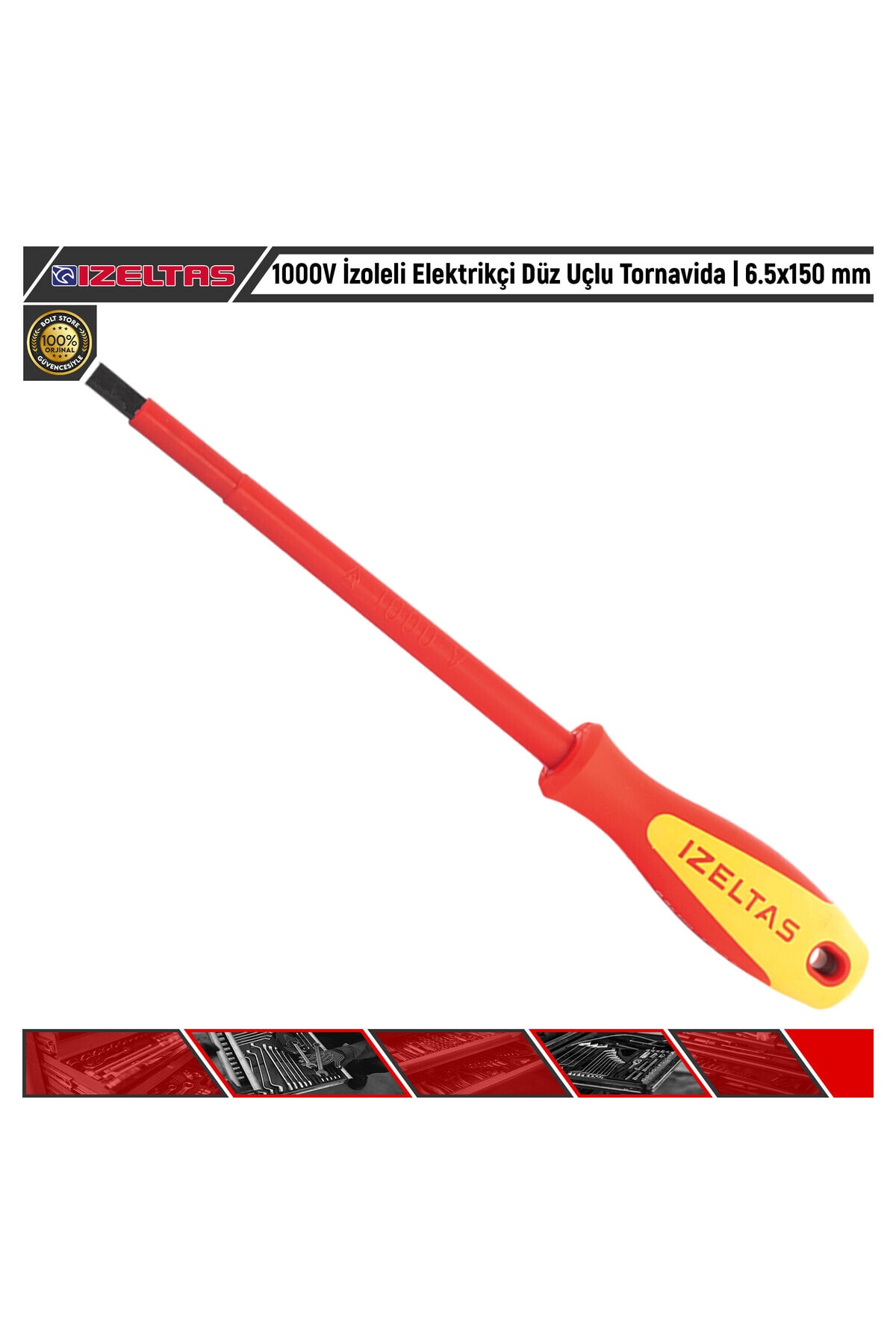 İZELTAŞ 1000V İzoleli Elektrikçi Düz Uçlu Tornavida | 6.5x150 mm