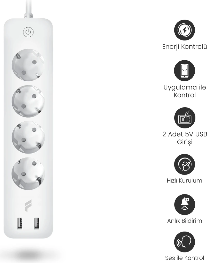 Akıllı Çoklu Priz, (16 Amper) 2 USB'li, Enerji Tüketim Takibi, Wifi, Zamanlayıcı, Uzaktan Kontrol, 2 Yıl Garantili