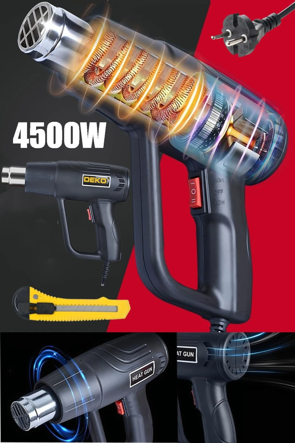 4500 Watt Dayanıklı Bakır Sargılı Rezistans 2 Kademeli Ayarlı Sıcak Hava Tabancası Isı Tabancası