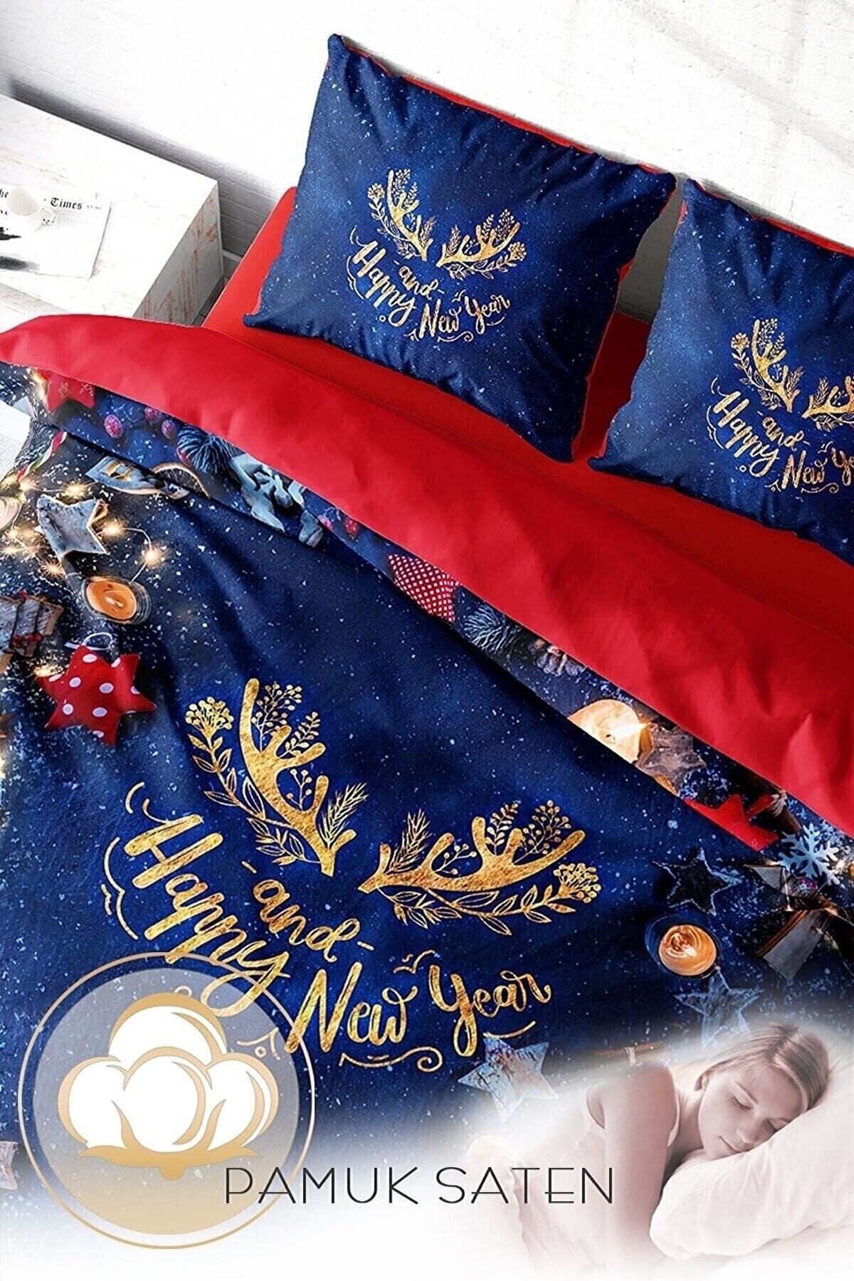 Kıng Sıze Yılbaşı Süsü Happy Noel %100 Pamuk Saten 3d Çift Kişilik Nevresim Takımı 220x240cm