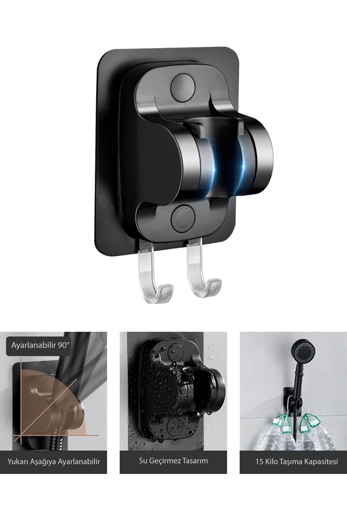 Aqua Kare 3 Fonksiyon Duş Başlığı , Askılıklı Siyah Yapışkanlı Mafsal ve Örgülü Duş Hortumu Duş Seti
