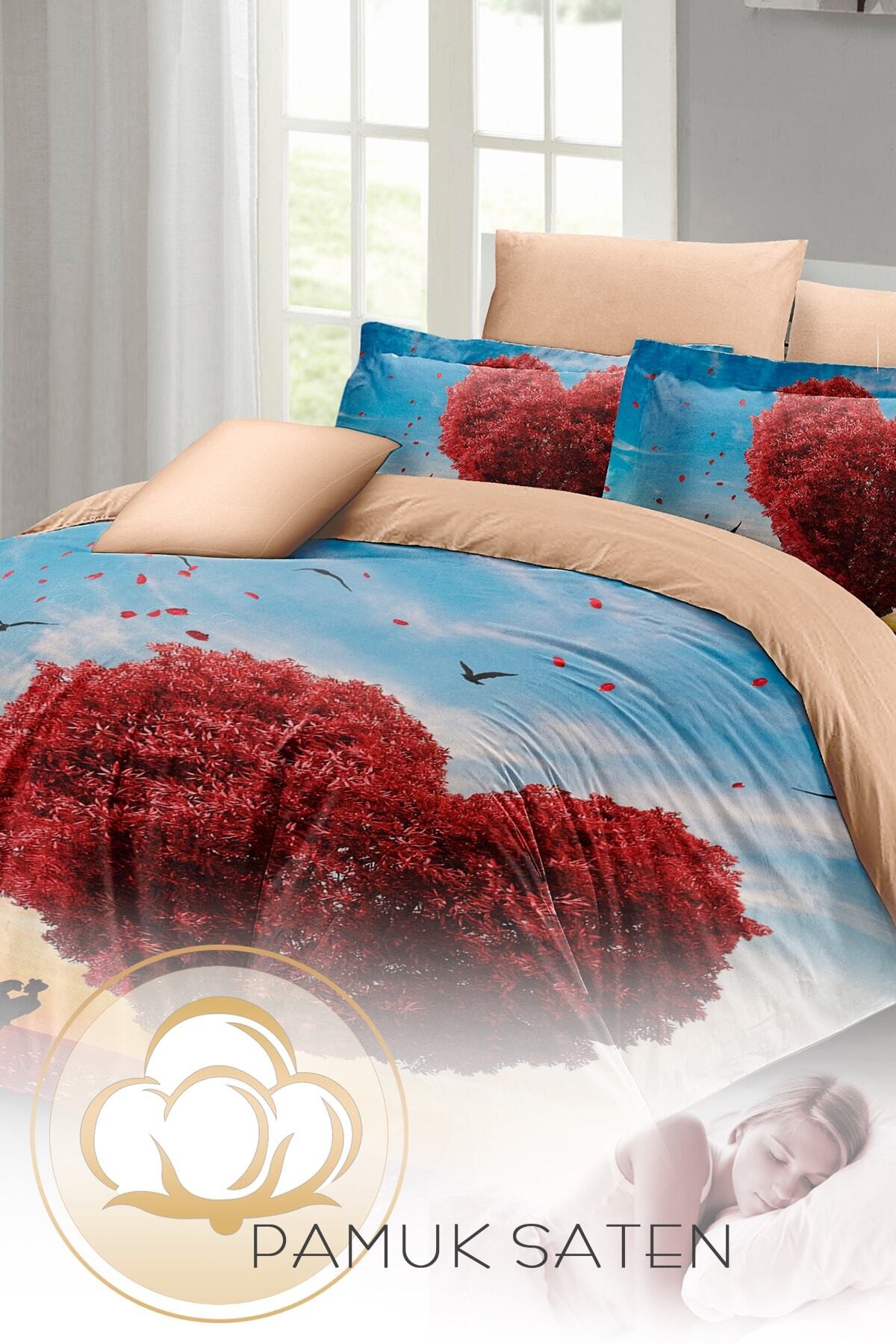 Kıng Sıze Sevgililer Günü Çift Kişilik Nevresim Takımı%100 Pamuk Saten Love Tree 220x240cm