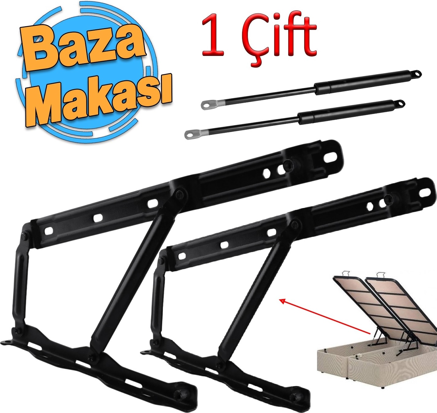 Baza Kapak Makası Gazlı Amartisör Piston 40° Siyah Boyalı Standart Geniş Kollu 1 Çift Yatak Sağ Sol