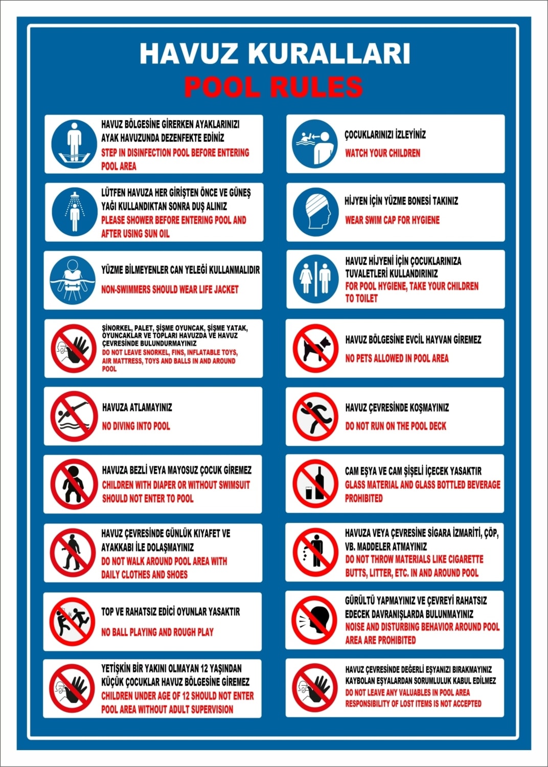 Uyarı Yönlendirme Levhaları " Havuz Kuralları Pool Rules " 25X35CM Dekota