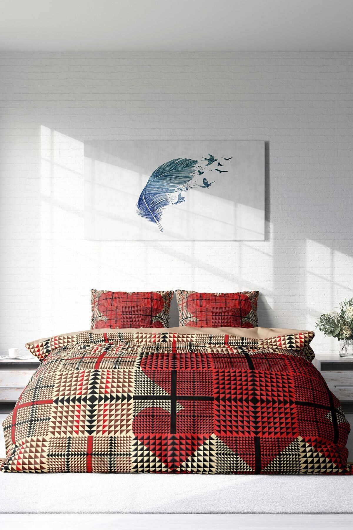 Nevresim Takımı %100 Doğal Pamuk Çift Kişilik 3d Digital Square Heart