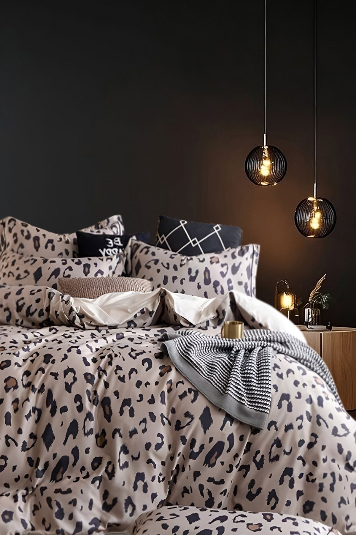Lastikli Çarşaflı Nevresim Takımı Tek Kişilik Leopar Kahve