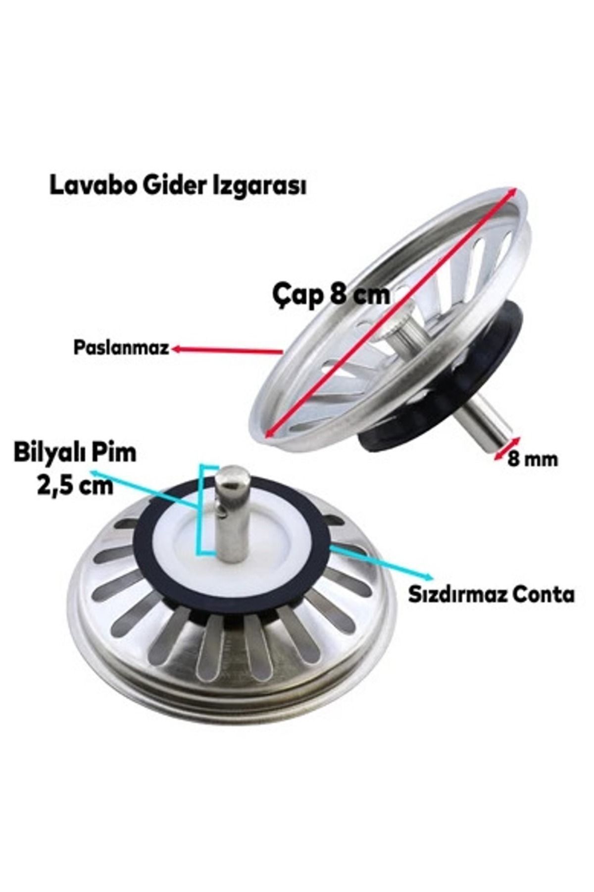 Çöpmak Paslanmaz Çelik Sifon Süzgeci 8 Cm Lavabo Evye Süzgeci Lavabo Gider Süzgeci