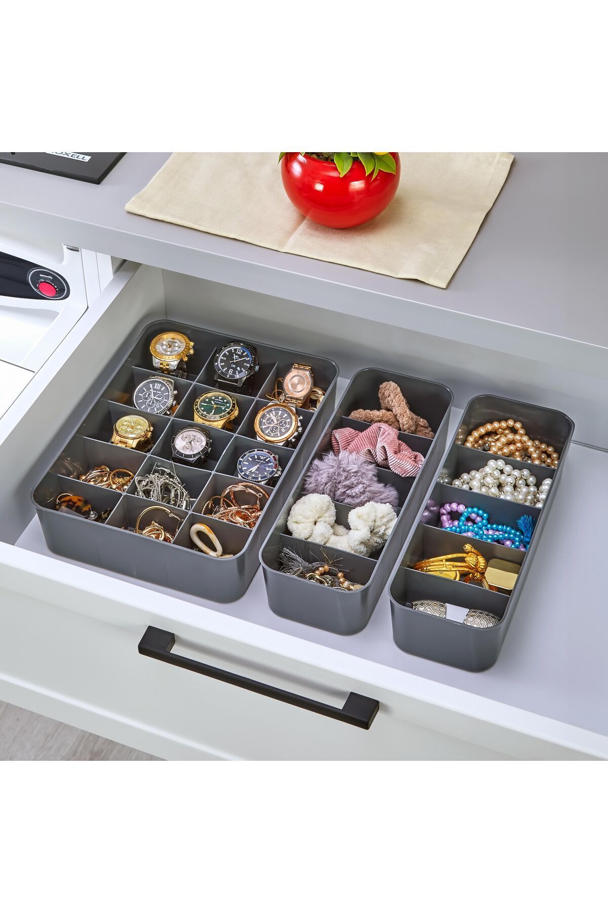 3'lü Set Bölmeli Makyaj Takı Organizer, Banyo Mutfak Düzenleyici 15gözlü 1adet, 5gözlü 2adet ANTRAST