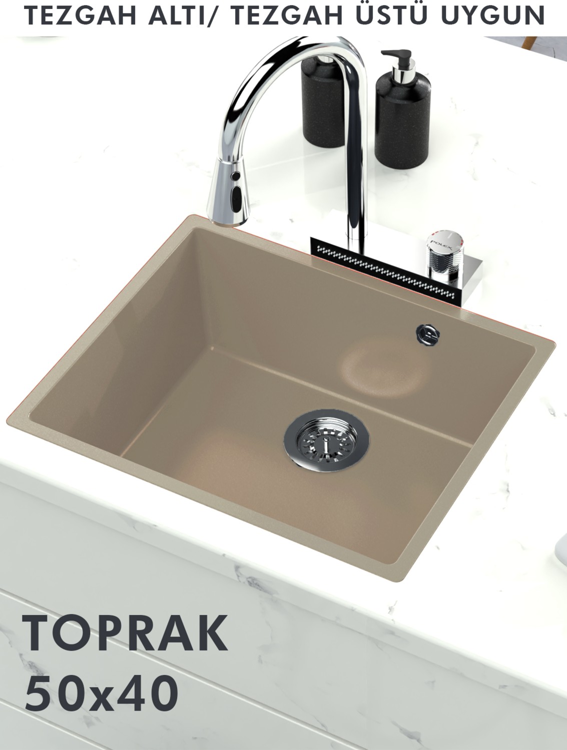 Granit Eviye Tek Gözlü Toprak 50 x 40 Evye Kuvars Tezgah Altına Uygun