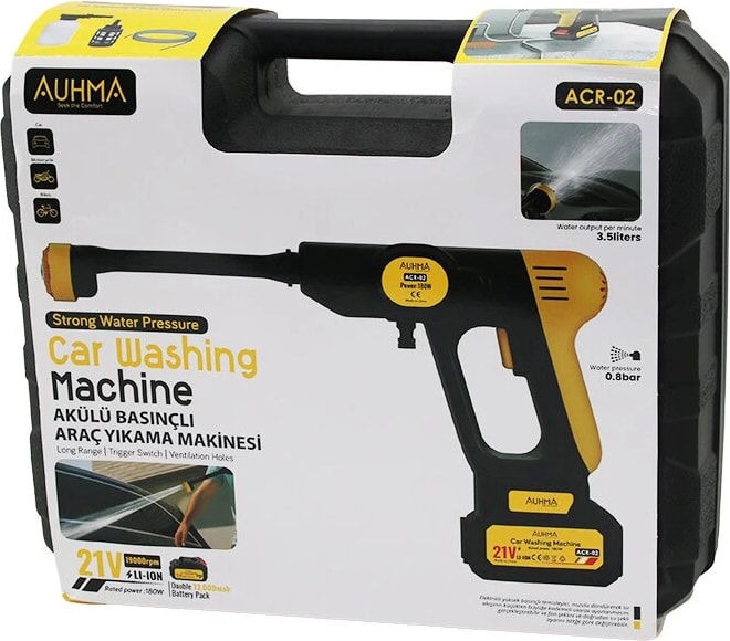 Oto - Araç Yıkama Makinesi Şarjlı - Yedek Bataryalı 180W - 19000 Rpm -13000 Mah - 21V -5mt Hortum- 0.8bar Acr-02 (5047)