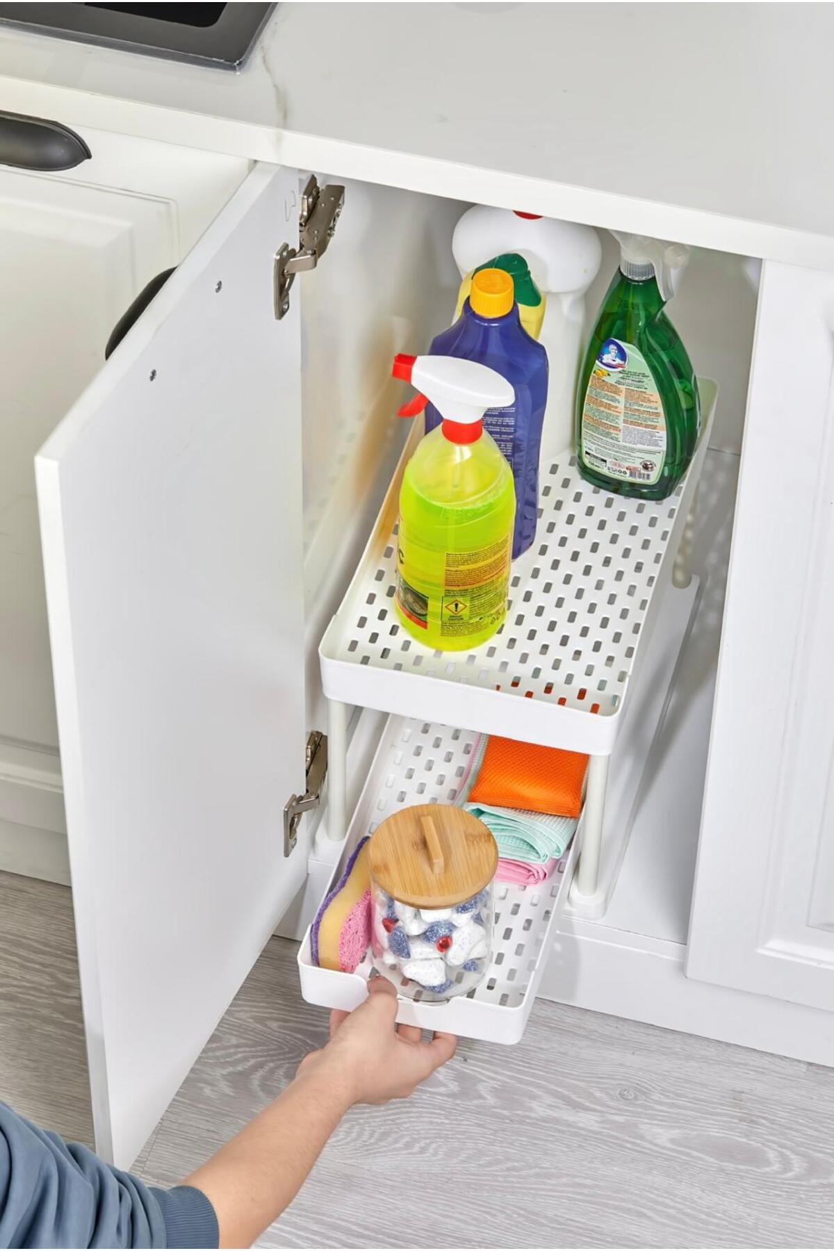 Beyaz 2 Katlı Sürgülü Dolapiçi Mutfak Banyo Dolap Tezgah Altı Evye Altı