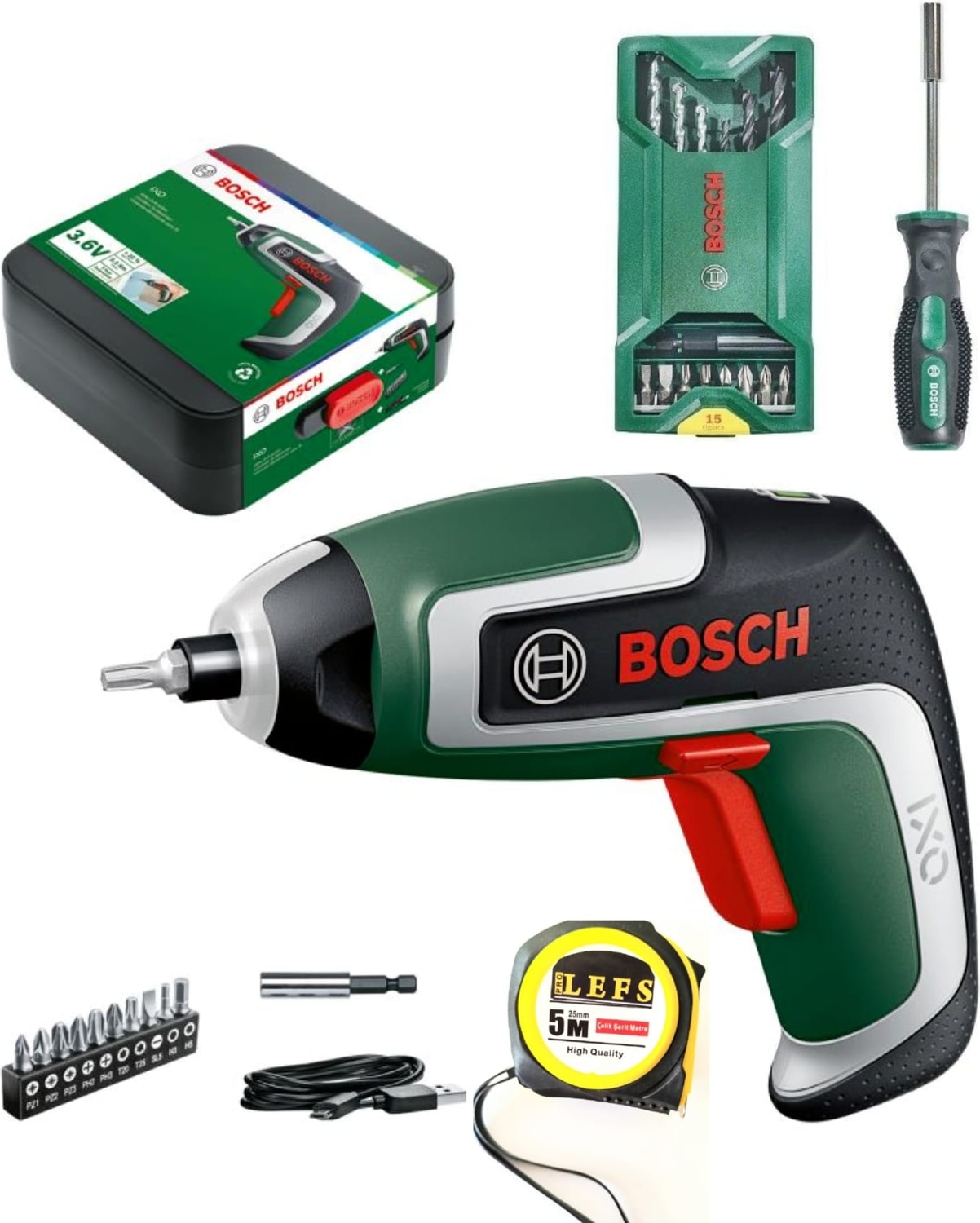BOSCH Ixo 7 Akülü Mini Vidalama ,  X-Line 15 Parça Mini Aksesuar Seti ,bosch Tornavida ve Metre