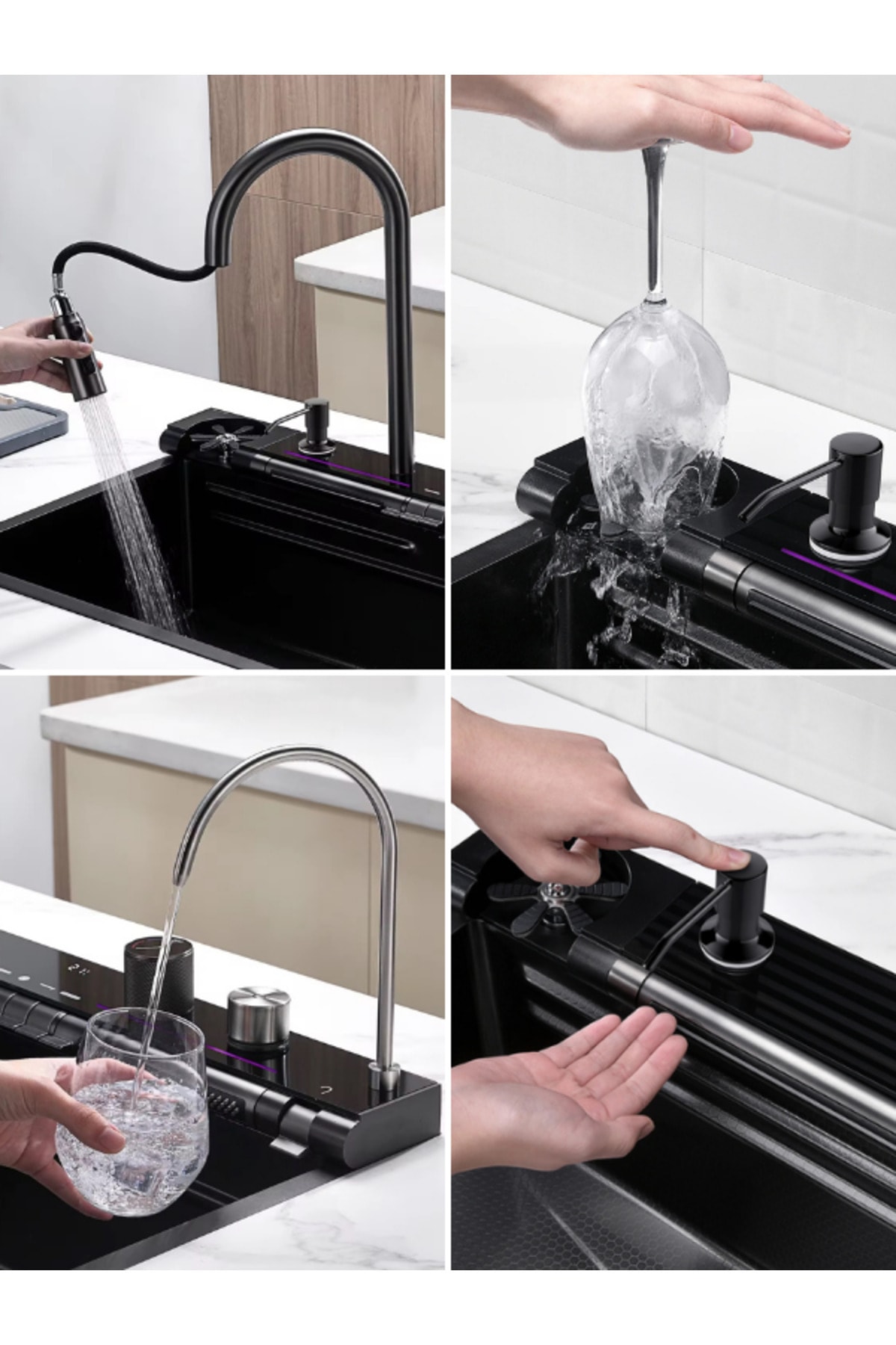 Mutfak Evyesi Dijital Göstergeli Led Panel- Teknolojik Akıllı Eviye Seti Bal Peteği Yüzey SİYAH