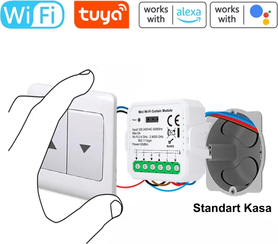 Tuya Uyumlu WiFi Perde Panjur Kepenk Motor Kontrolcüsü - Mobil Uygulama, Anahtar Girişli, Otomatik Kalibrasyon, Yüzdesel Kontrol, Google Asistan ,Amazon Alexa, Smart Life Destekli Switch