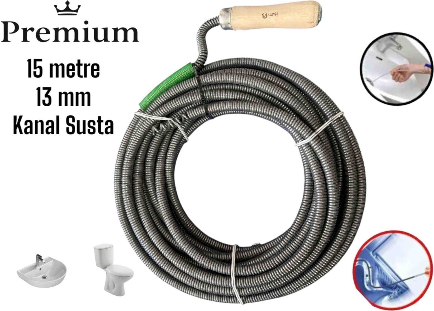 Premıum 15 Metre 13 mm Kalın Kanal Susta Klozet Boru Temizle Kanal Spiral