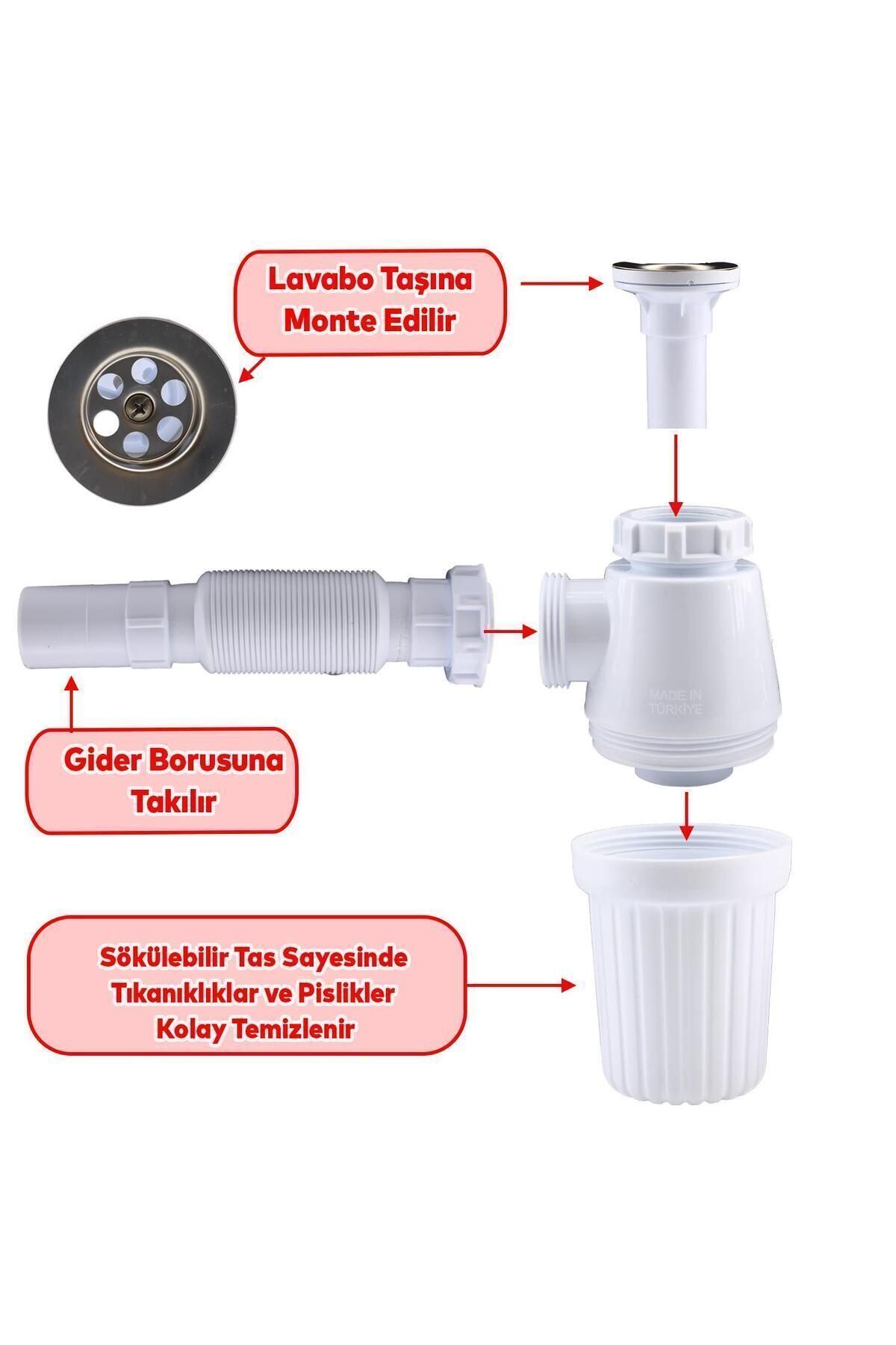 Lavabo Sifonu Gideri Borusu Körüklü Sökülebilir Tas'lı Mutfak Banyo Evye Pis Su Plastik 38 Cm