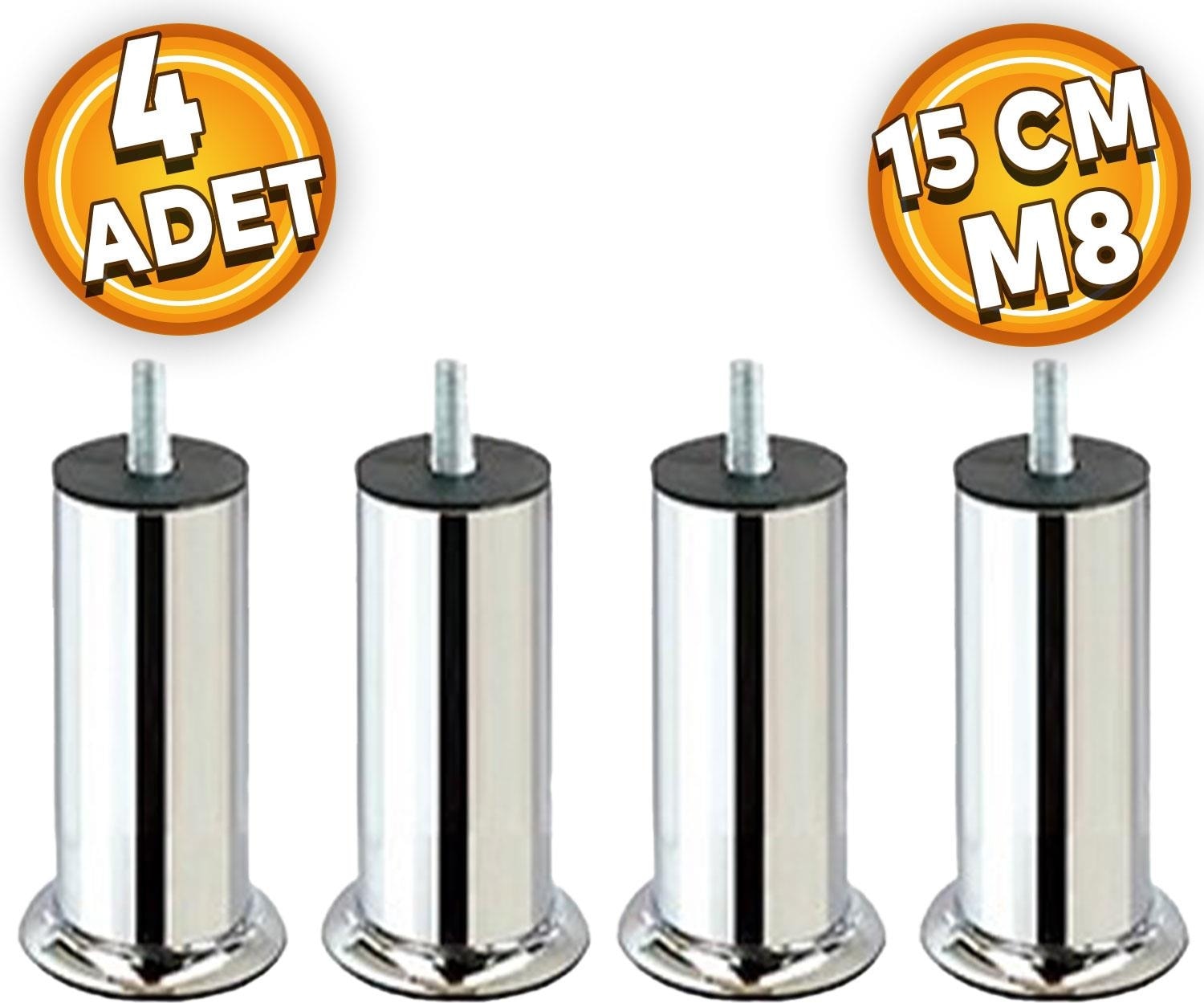 Mobilya Baza Koltuk Yatak Çekyat Kanepe Yükseltme Ayağı Ince Diş M8 Krom Metal Ayakları 15 Cm 4 Adet