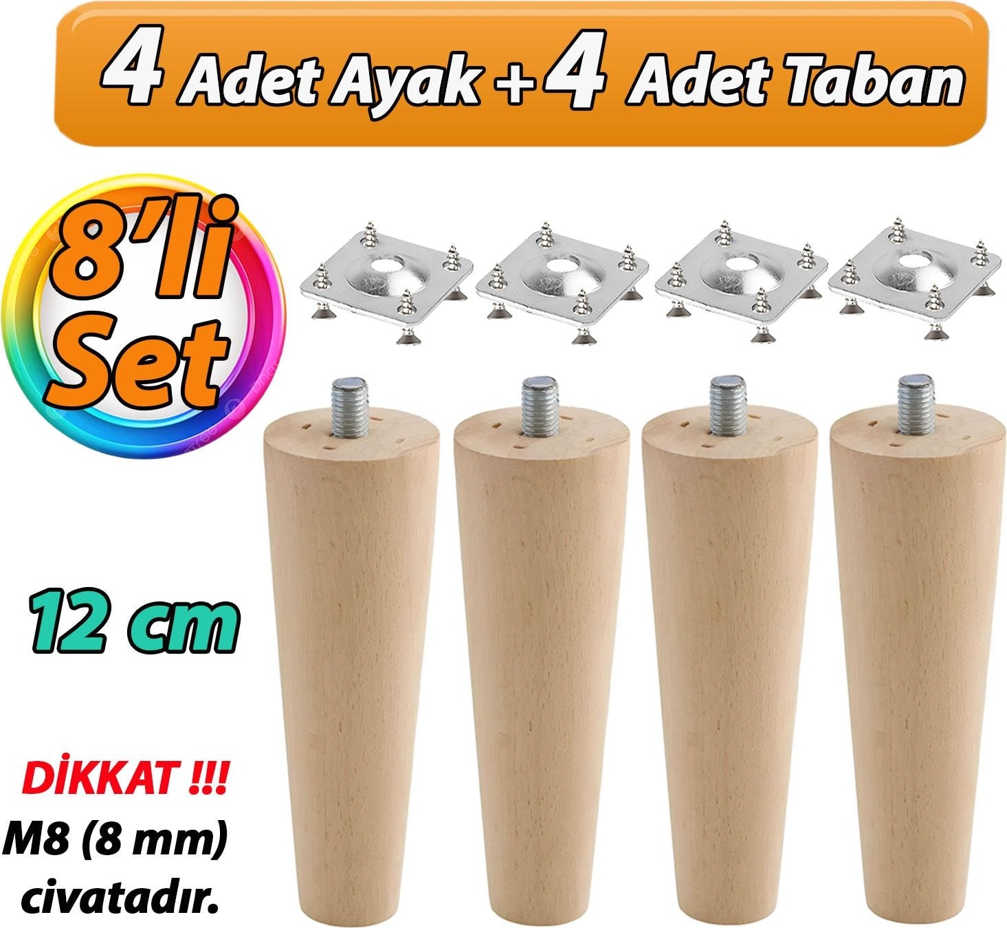 Ahşap Ayak 12 cm 8'li Set M8 Civatalı Bağlantı Aparatlı Dolap Mobilya Koltuk Kanepe Destek Ayağı Ayakları