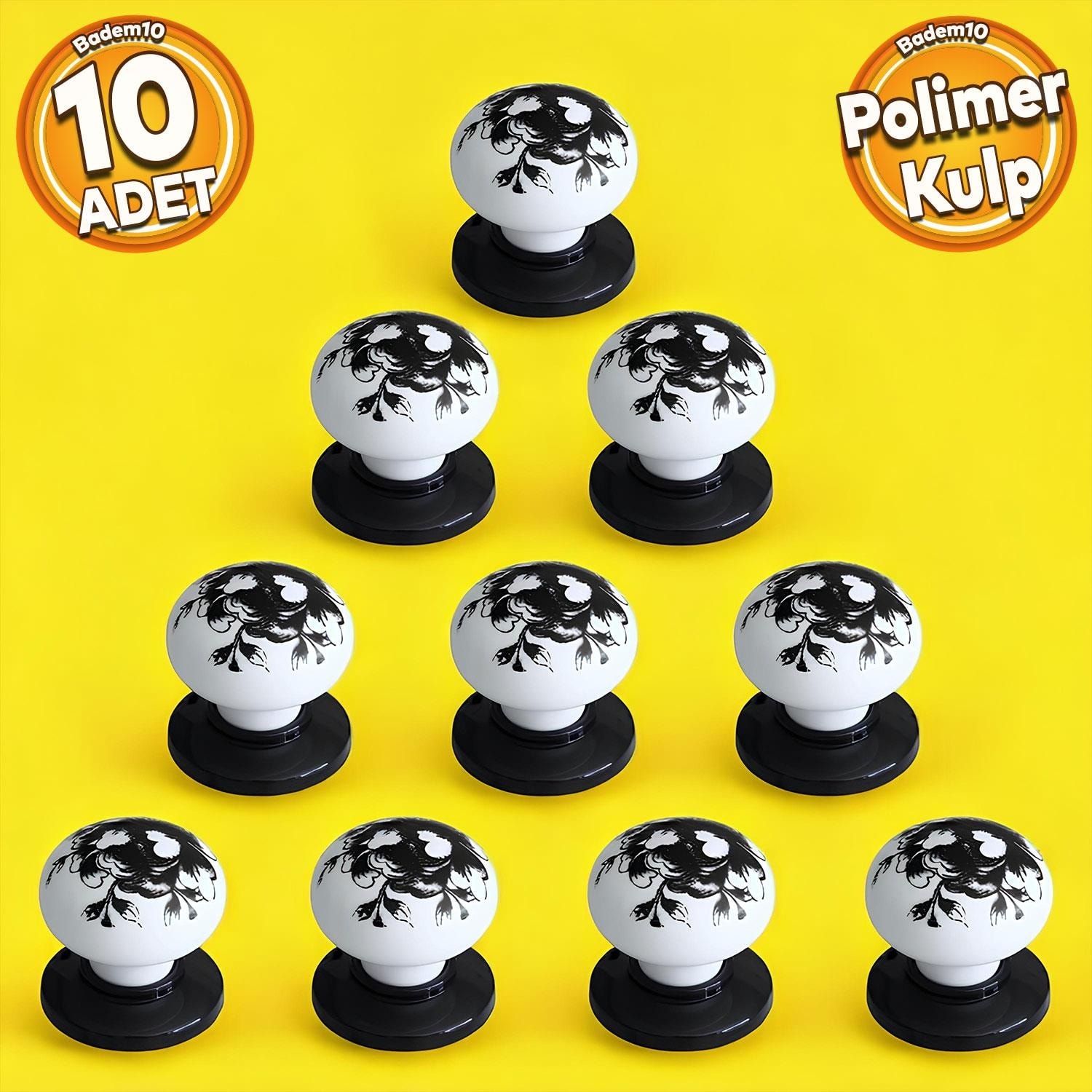 Eymen Polimer Düğme Kulp Çiçek Siyah Beyaz Mobilya Mutfak Çekmece Dolap Kulbu 10 Adet