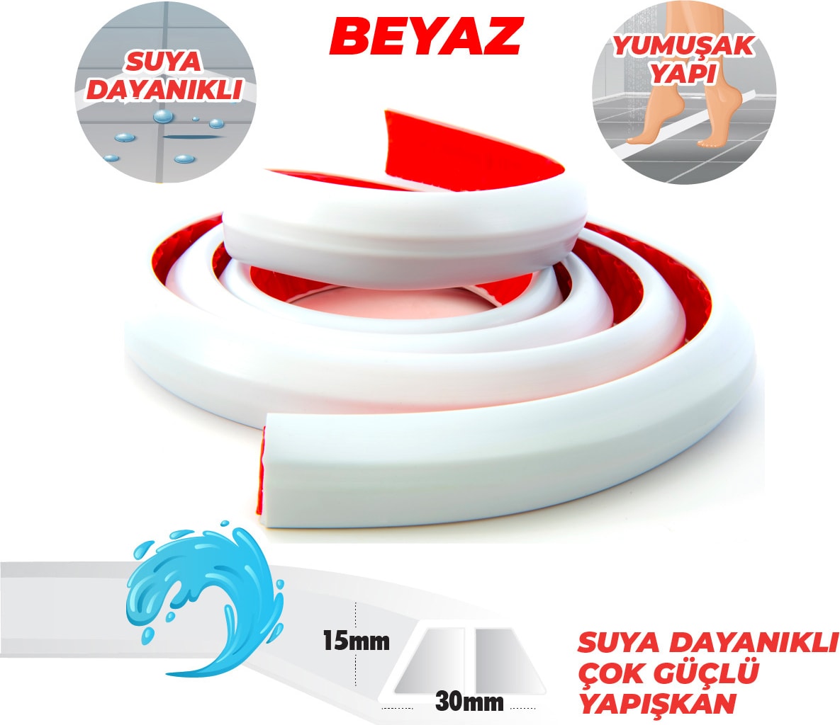 OZKUVVET Duş Kapı Eşiği Mutfak Tezgahı Etrafı Su Kesici Bariyer Beyaz 2 Metre