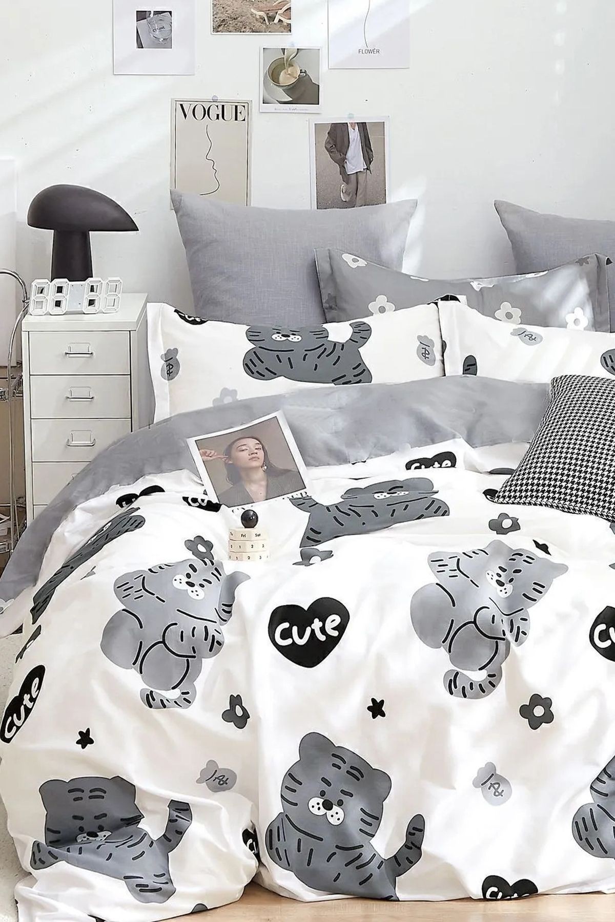 Lastikli Çarşaflı Nevresim Takımı Tek Kişilik Cute Beyaz