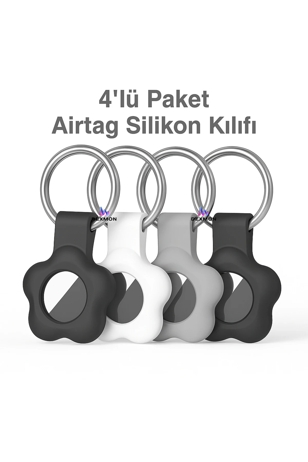 Airtag Uyumlu 4’lü Silikon Kılıf Seti Çiçek Desenli Anahtarlık Halkalı Koruyucu Kap Arkası Kapalı