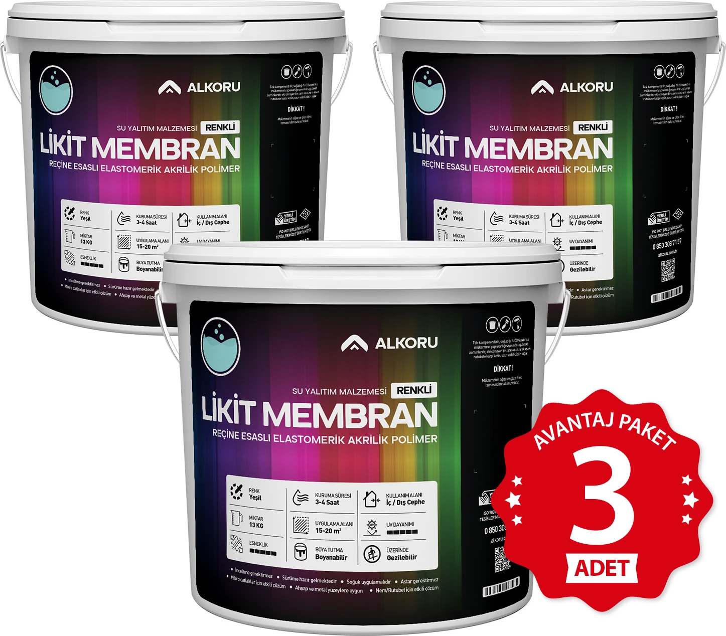 3 Adet 13 kg Yeşil Likit Membran Renkli Reçine Esaslı Sıvı Su Yalıtım Malzemesi Avantaj Paket