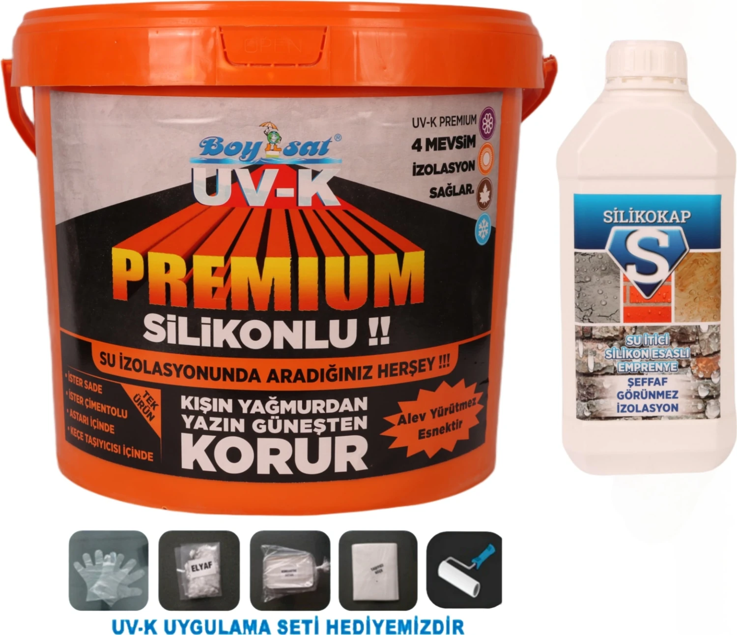 Fırsat Paketi Uv-K Premium Silikonlu Su Yalıtım Boyası 15 kg ve Silikokap 5 Lt Şeffaf Su Yalıtımı