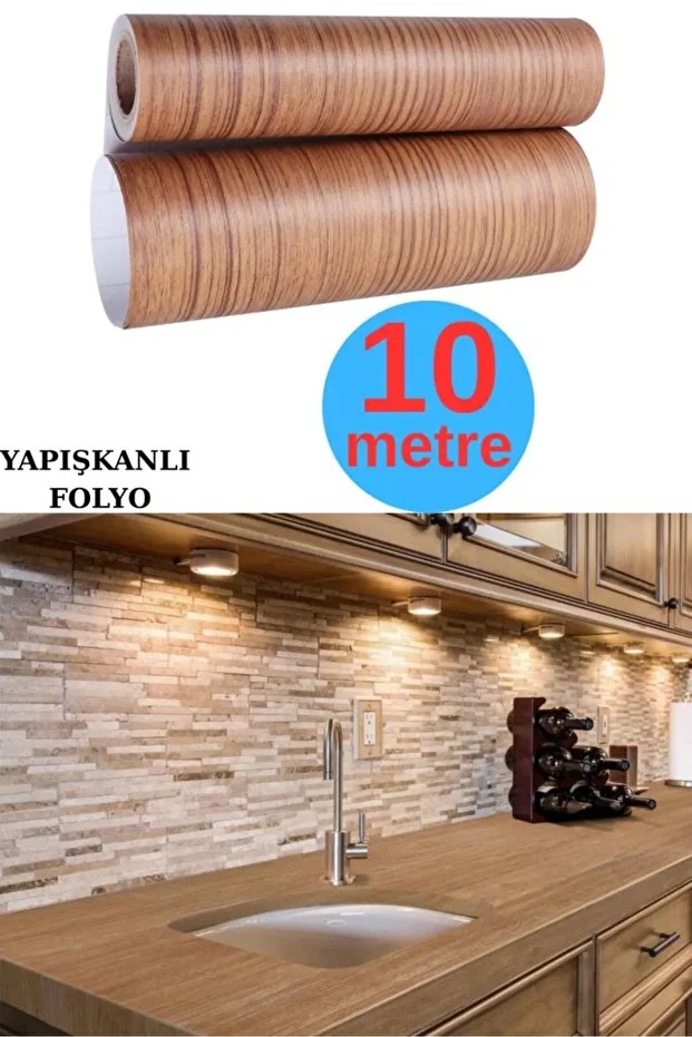 45cm x 10 Metre 1 Adet Rulo Folyo Yapışkanlı Meşe Renk Ahşap Mutfak Duvar Kaplama Folyosu Kağıdı