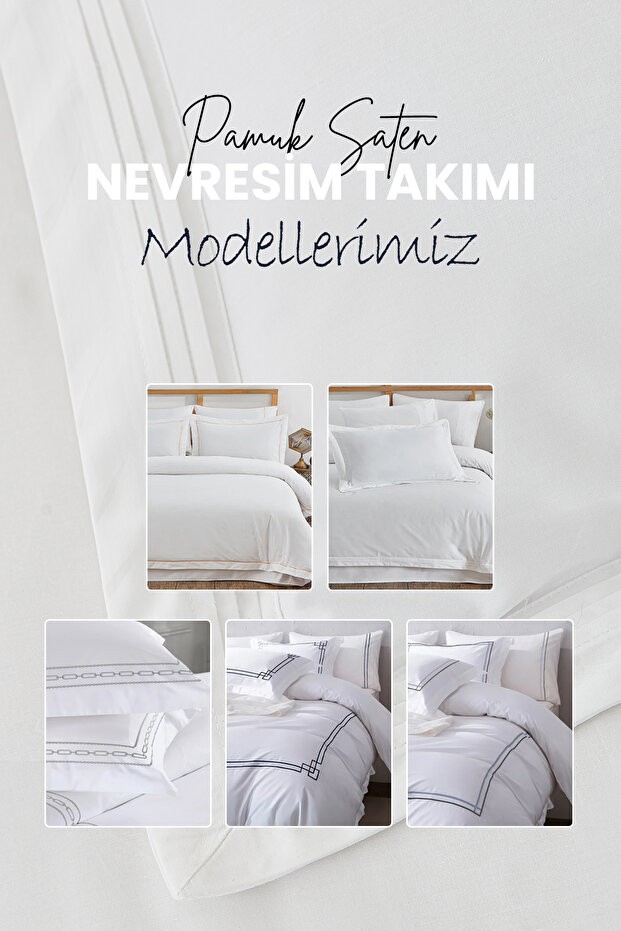 300 Tc King %100 Pamuk Saten Nakışlı Nevresim Takımı Battal Çift Kişilik 6 Parça Krem Kırık Beyaz Pu