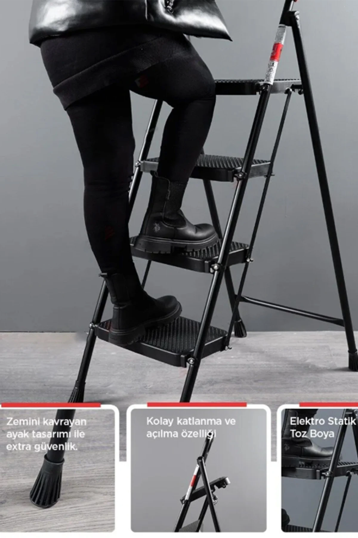 51404 Stepla Geniş 4 Basamaklı Katlanır Merdiven Eurotower Siyah