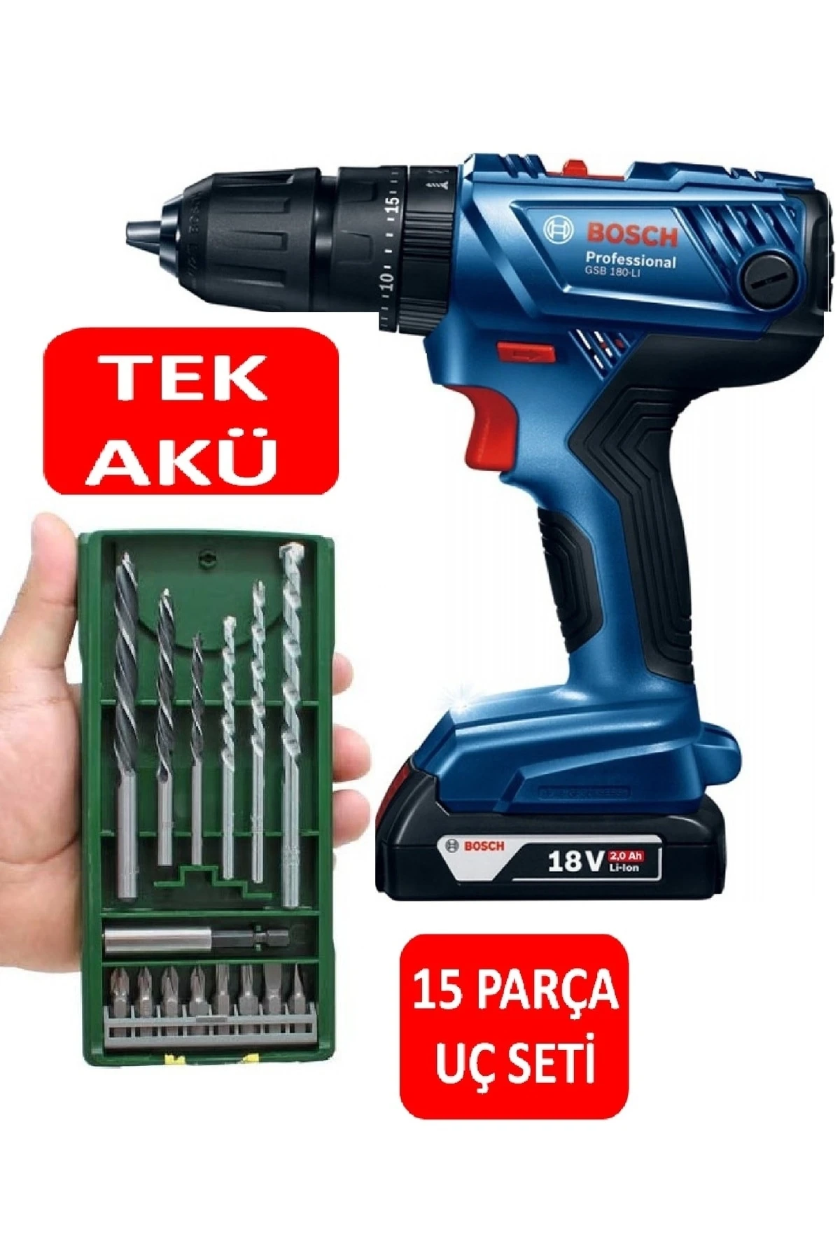 Tek Akülü Şarjlı Matkap Darbeli Matkap Akülü Vidalama +  15 Parça Matkap Ucu Vidalama Ucu