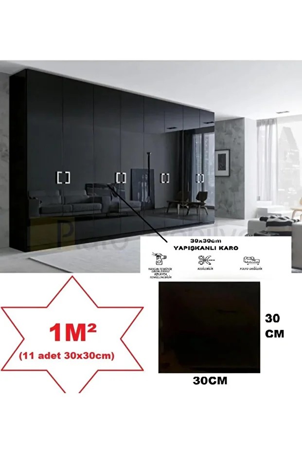 1m2 30x30 Cm (11 ADET) Kendinden Yapışkanlı Shıny Düz Siyah Parlak Duvar Ofis Mutfak Karosu Paneli