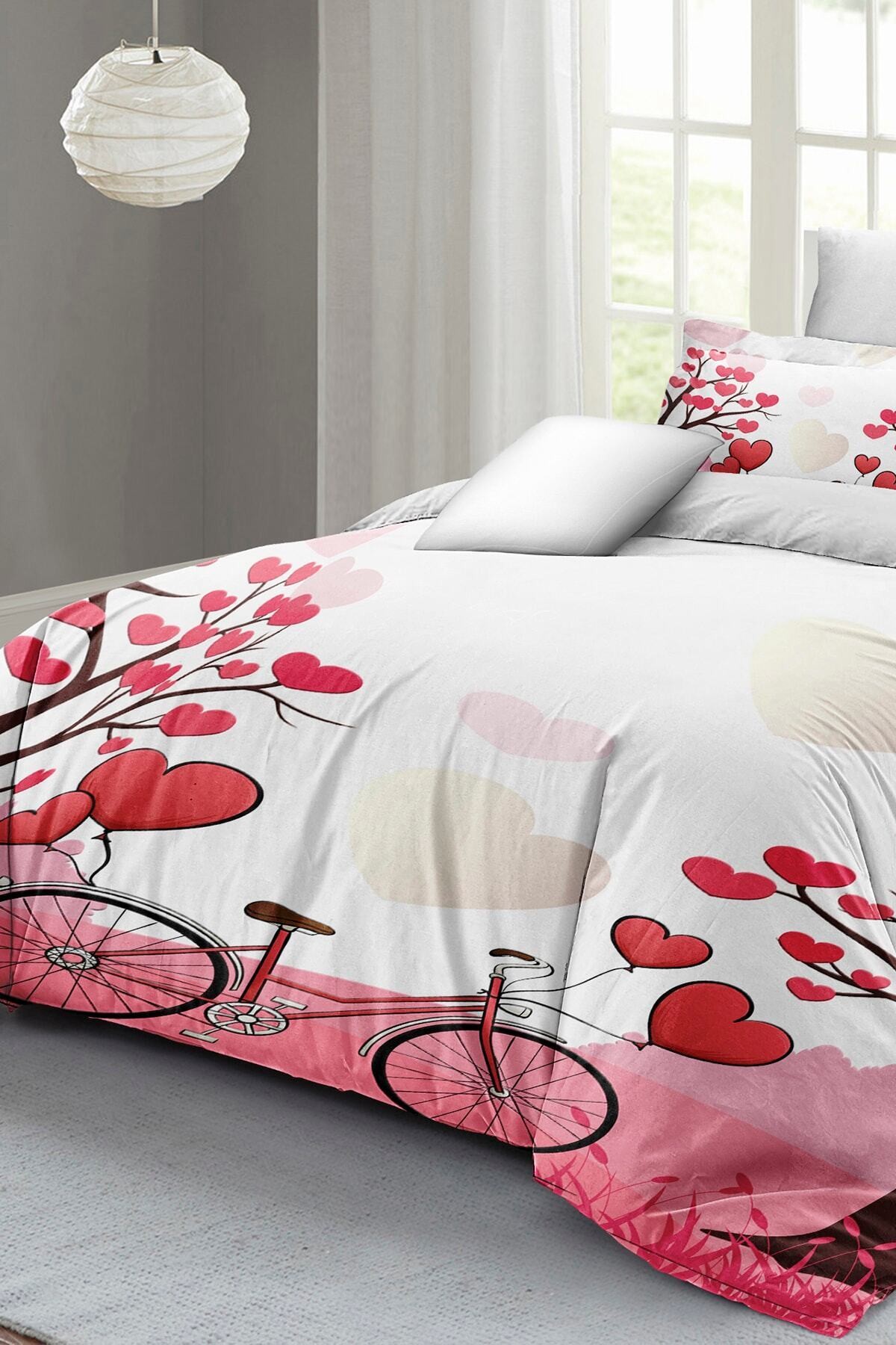 Kıng Sıze Sevgililer Günü Çift Kişilik Nevresim Takımı%100 Pamuk Saten White Love 220x240cm