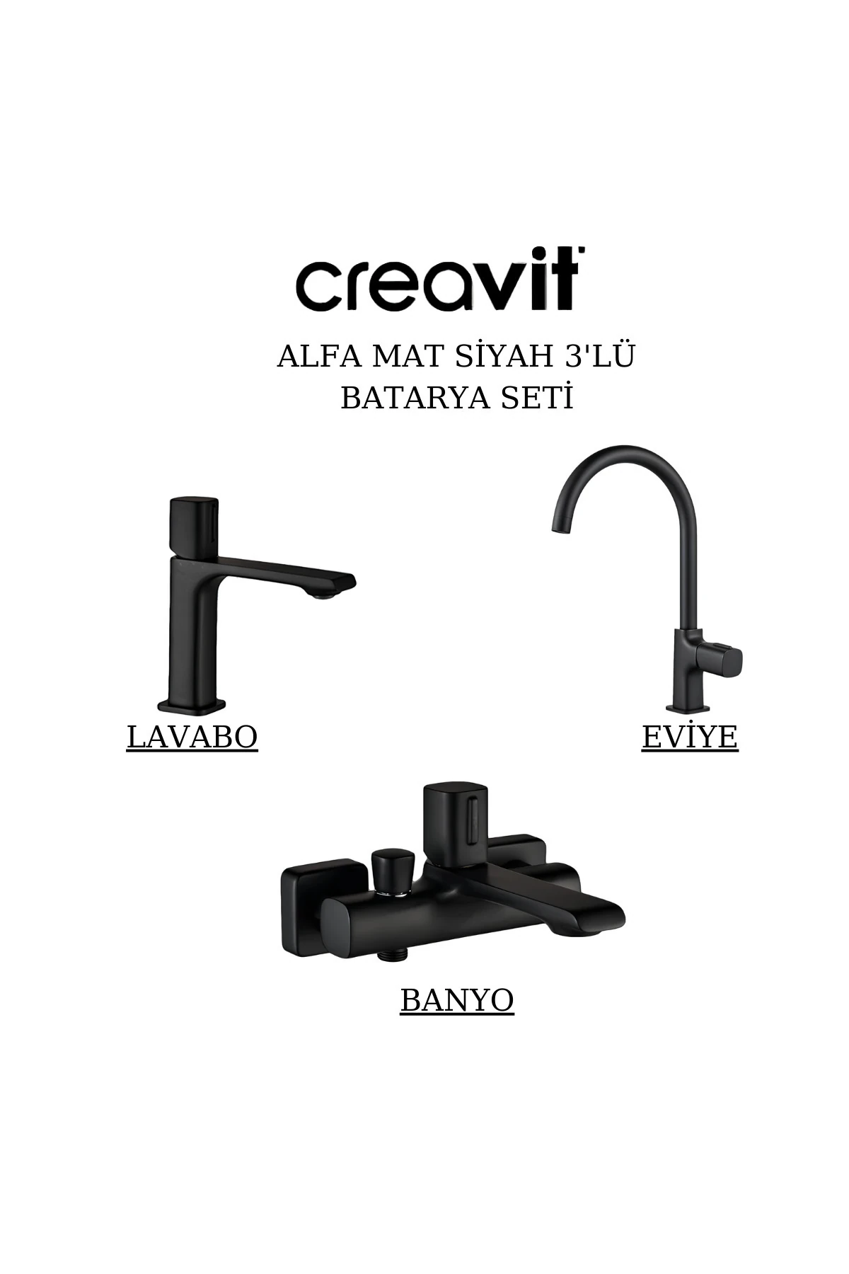 Alfa Mat Siyah Batarya Seti 3’Lü Banyo-Lavabo-Eviye