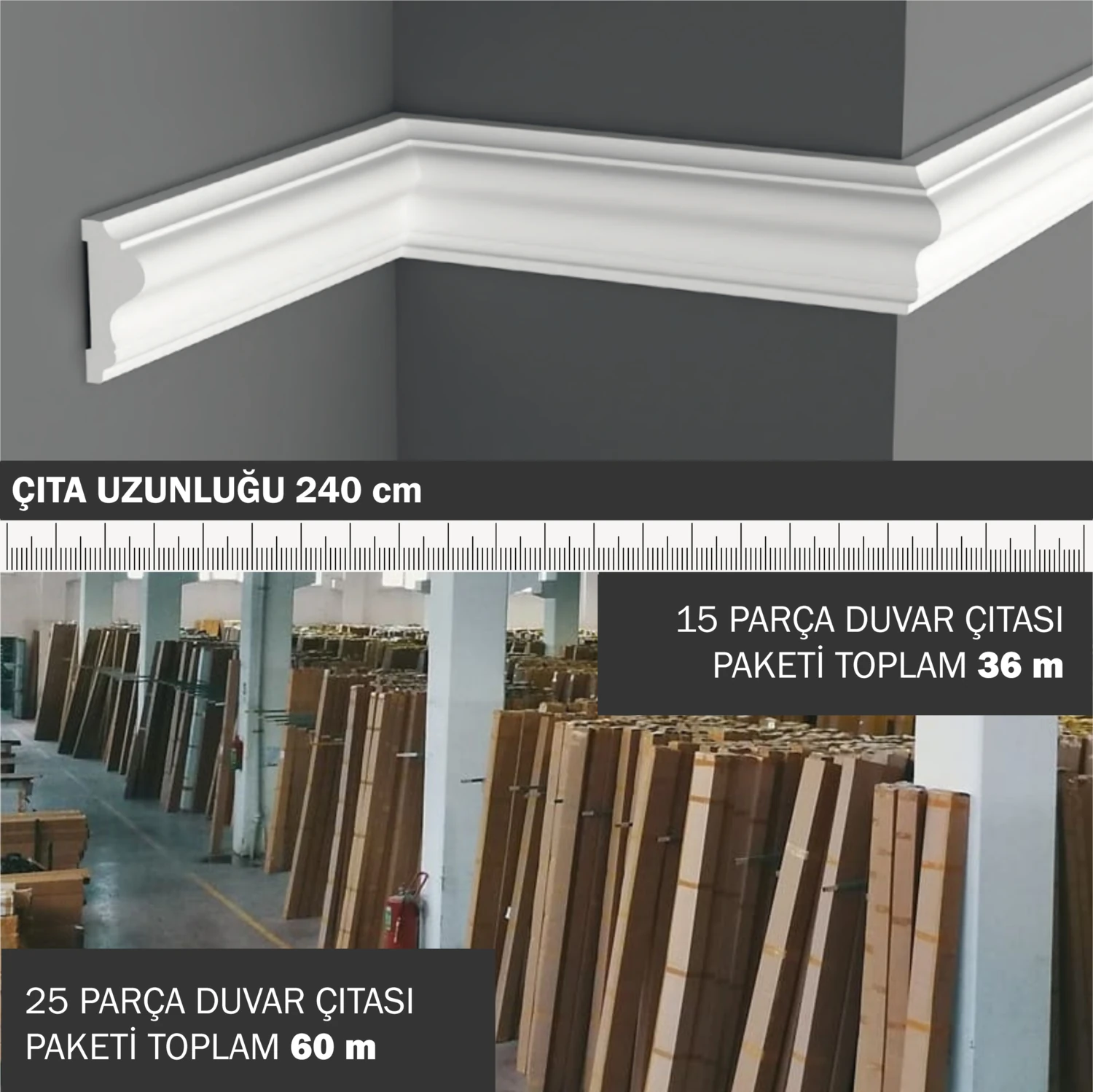 6 cm Boyanabilir Beyaz Duvar Çıtası Bordür, Sert Polimer Köpük Değildir 1 Boy Sipariş 240 Cm'dir