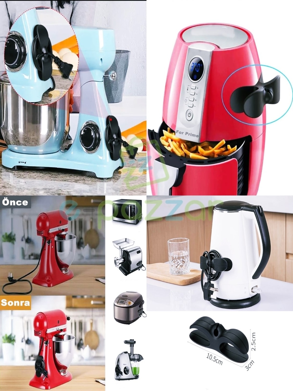 5 Adet Yapışkanlı Kablo Düzenleyici Airfriyer Mikser Fırın Kettle Şarj Pc Fiş Kablo Sarma Aparatı