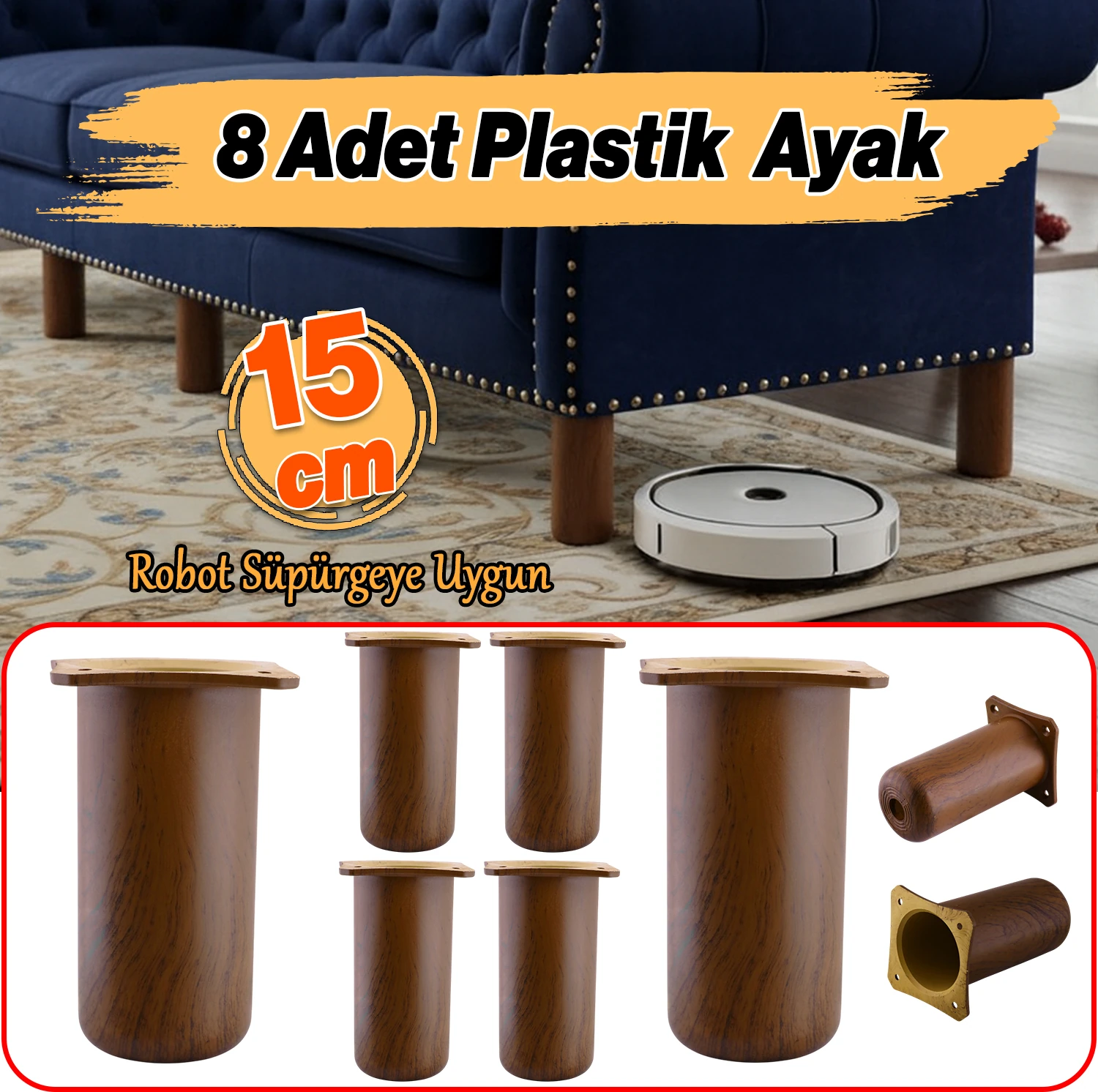 (8 Adet) Plastik Liva Kestane Kahvesi 15 cm Ayak Mobilya Kanepe Koltuk Baza Yükseltme Ayağı Ayakları