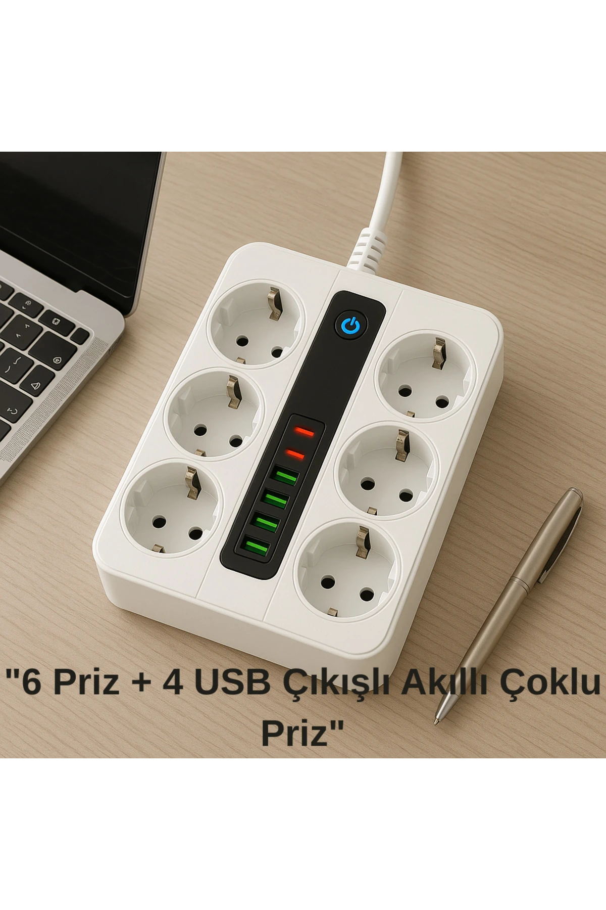 6 Prizli Akıllı Uzatma Kablosu – 4 USB-A + 2 Type-C Hızlı Şarj Çıkışlı Akım Korumalı , 2 Metre Kablo