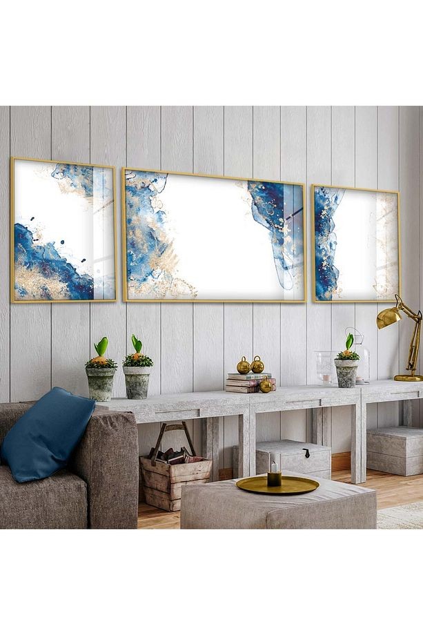 Gold Metal Çerçeveli Modern Çizim Üçlü Kırılmaz Cam Tablo Seti