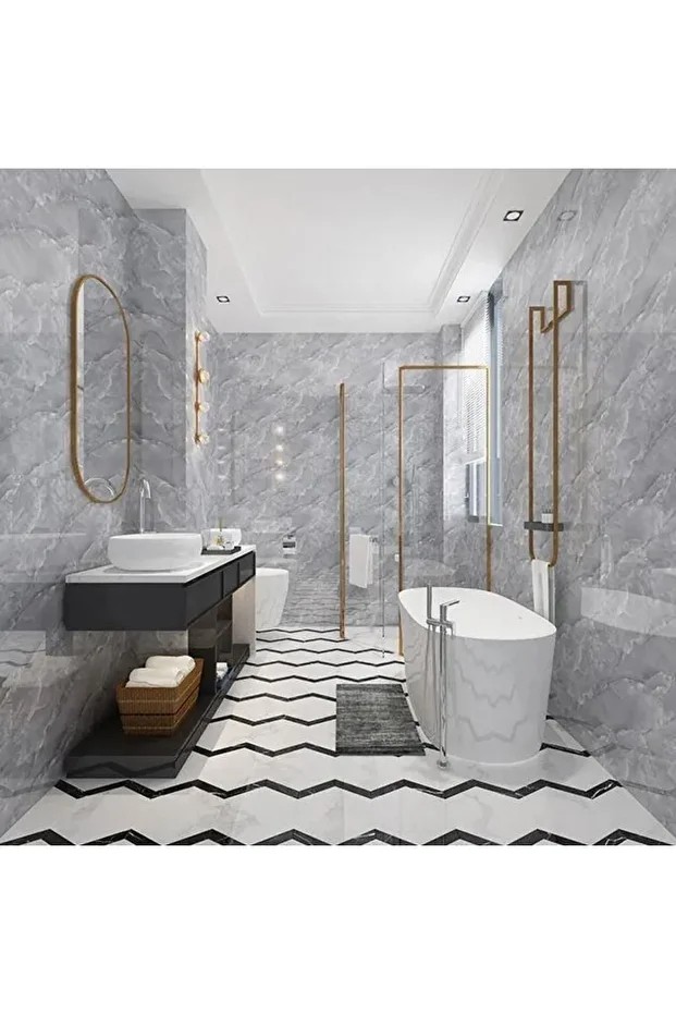 6 Adet (1,08m2) Koyu Gri Mermer Desen Yapışkanlı Karavan Prefabrik Banyo Wc Duvar Pvc Kaplama Paneli