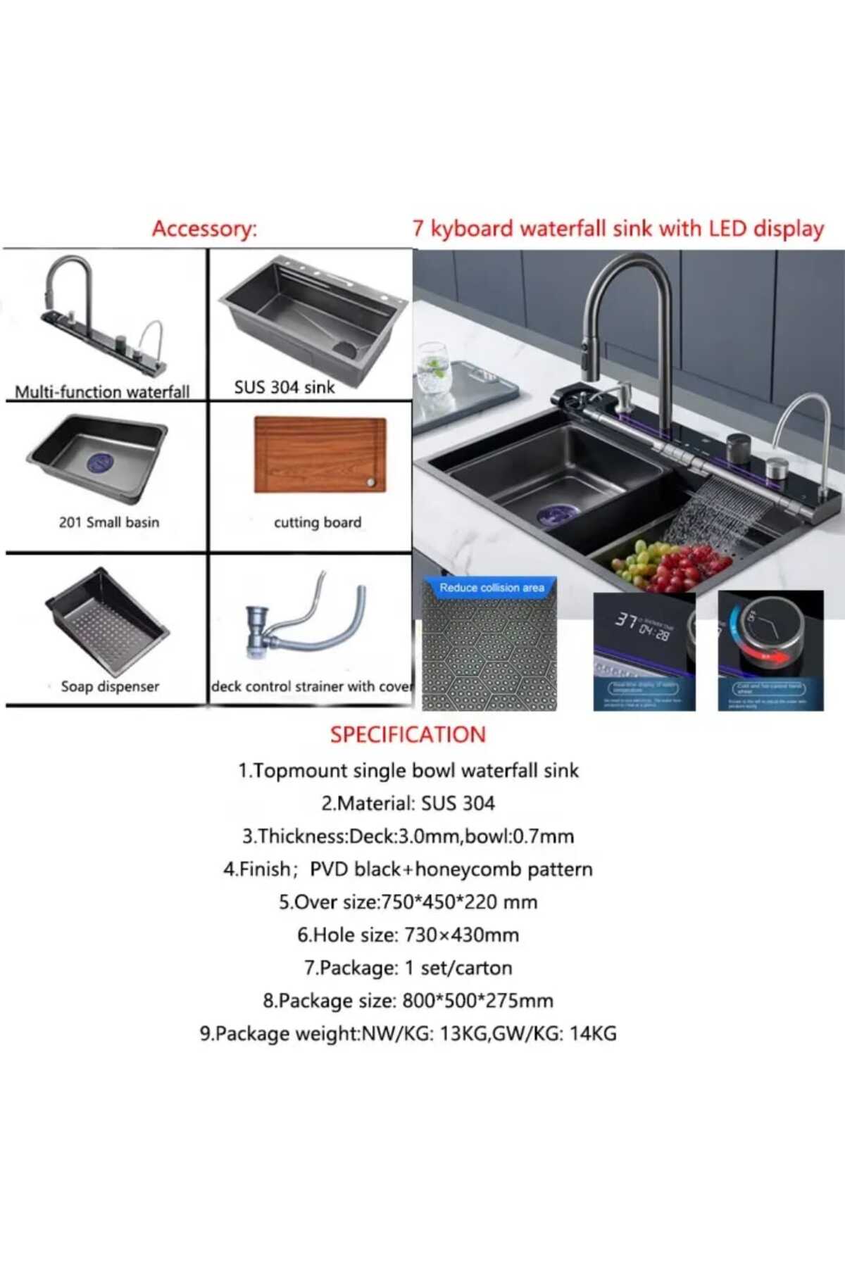 7 Tuşlu Akıllı Teknolojik Eviye Seti 304 Paslanmaz Yeni Model Fonksiyonel Mutfak Evyesi