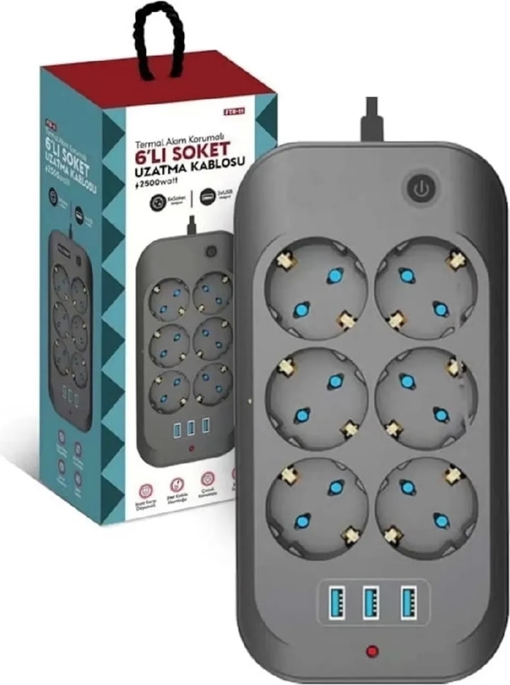 Çoklu 6'lı Priz Akım Korumalı 3xusb 3.4A 2500 Watt 2 Metre Uzatma Kablosu Anahtarlı Çocuk Korumalı