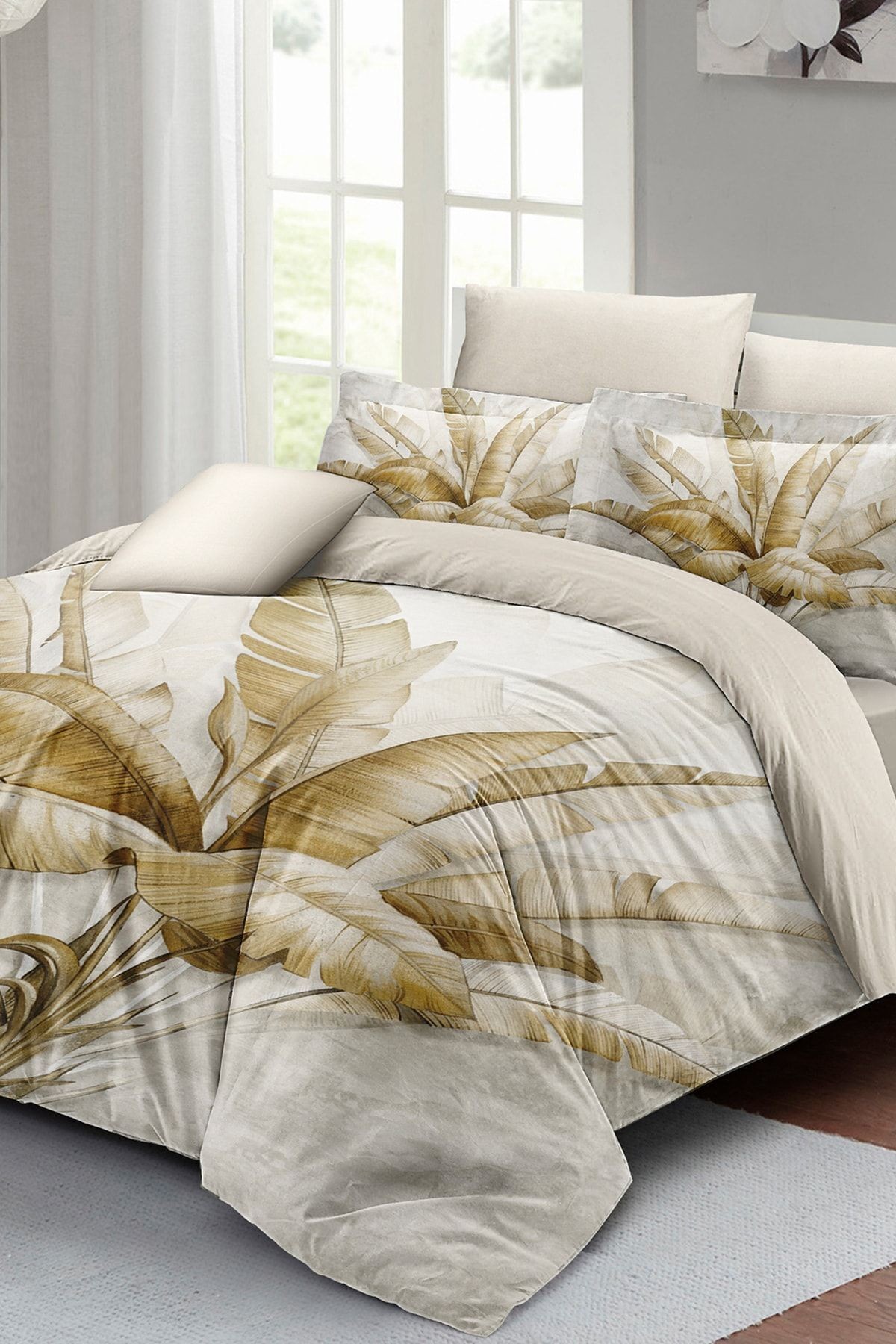 Retro Palm Luxury Çift Kişilik Pamuk Saten Nevresim Takımı