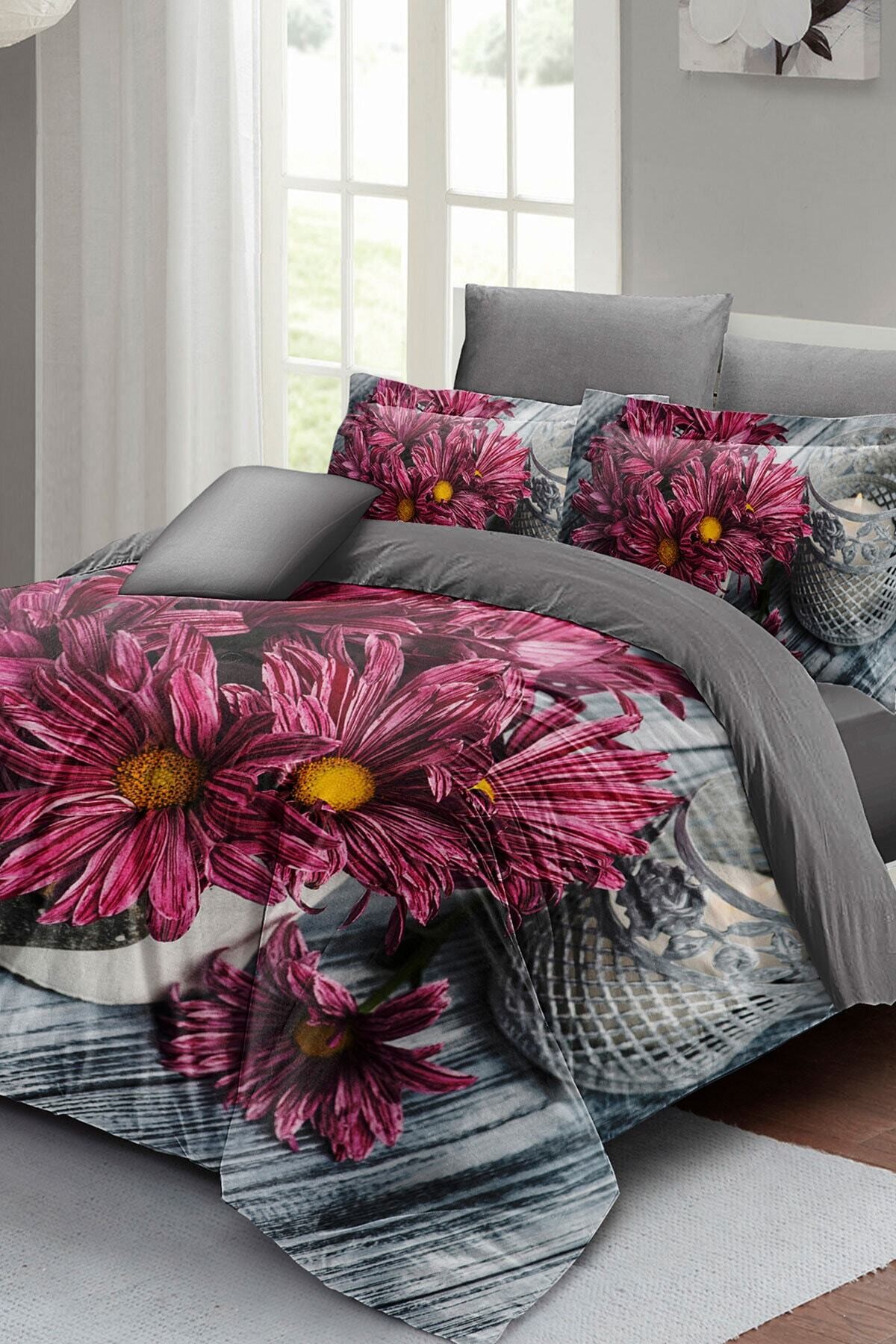 Kıng Sıze Papatya Rüyası Çift Kişilik Nevresim Takımı 3d Pamuk Saten 220x240cm