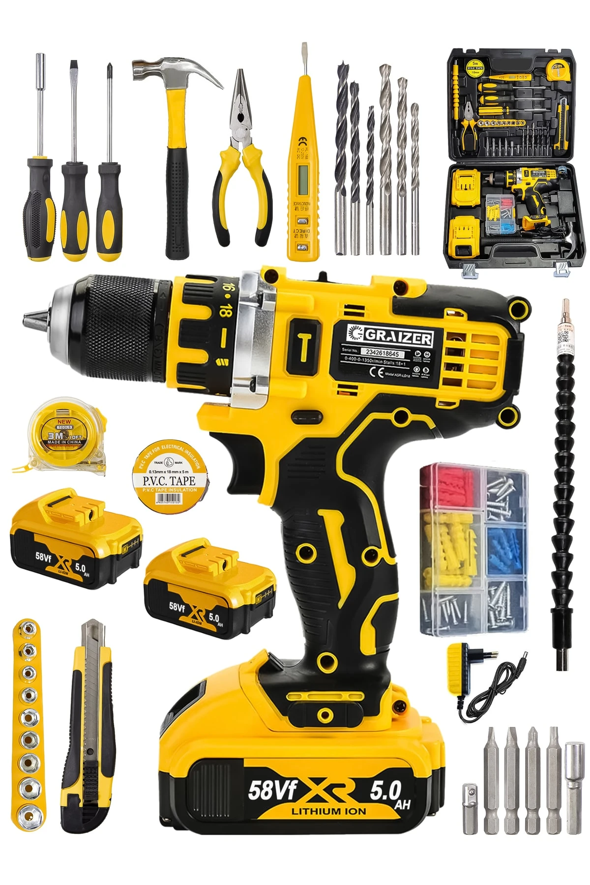 Alman Technology 56 V 5 Ah Darbeli Çift Akülü Şarjlı Vidalama Matkap 32 Parça Hobi Set