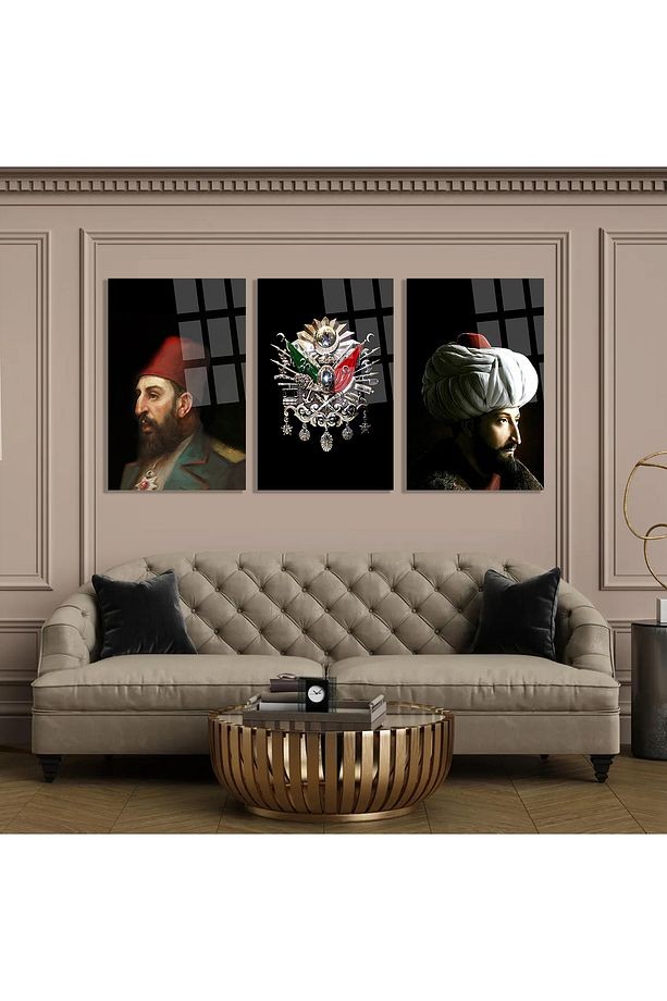 3 LÜ OSMANLI TUĞRASI FATİH SULTAN MEHMET 2.ABDULHAMİD TABLO KIRILMAZ CAM TABLO ULTRA CANLI RENKLER