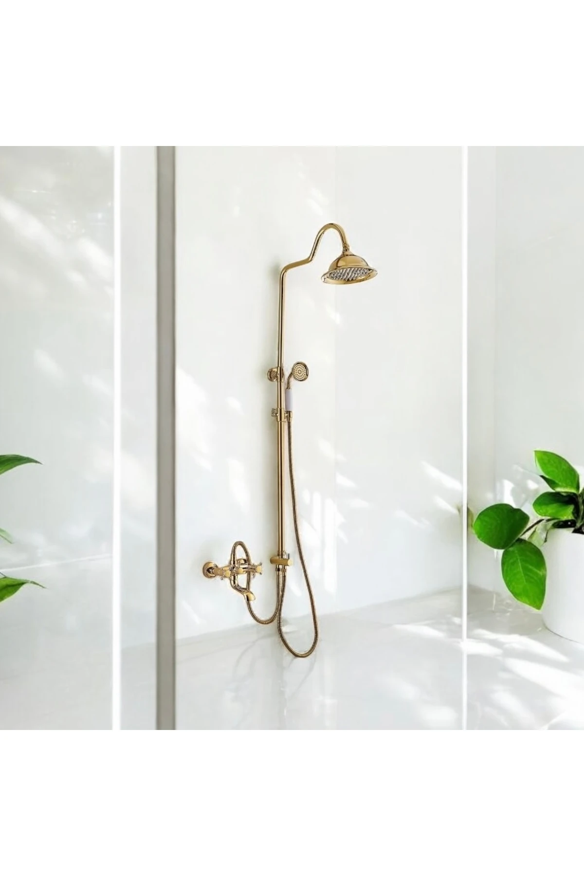 Gold Duş Seti Batarya Dahil Gold Yağmurlama Klasik Tasarım Vintage Pirinç 5 Yıl Garanti